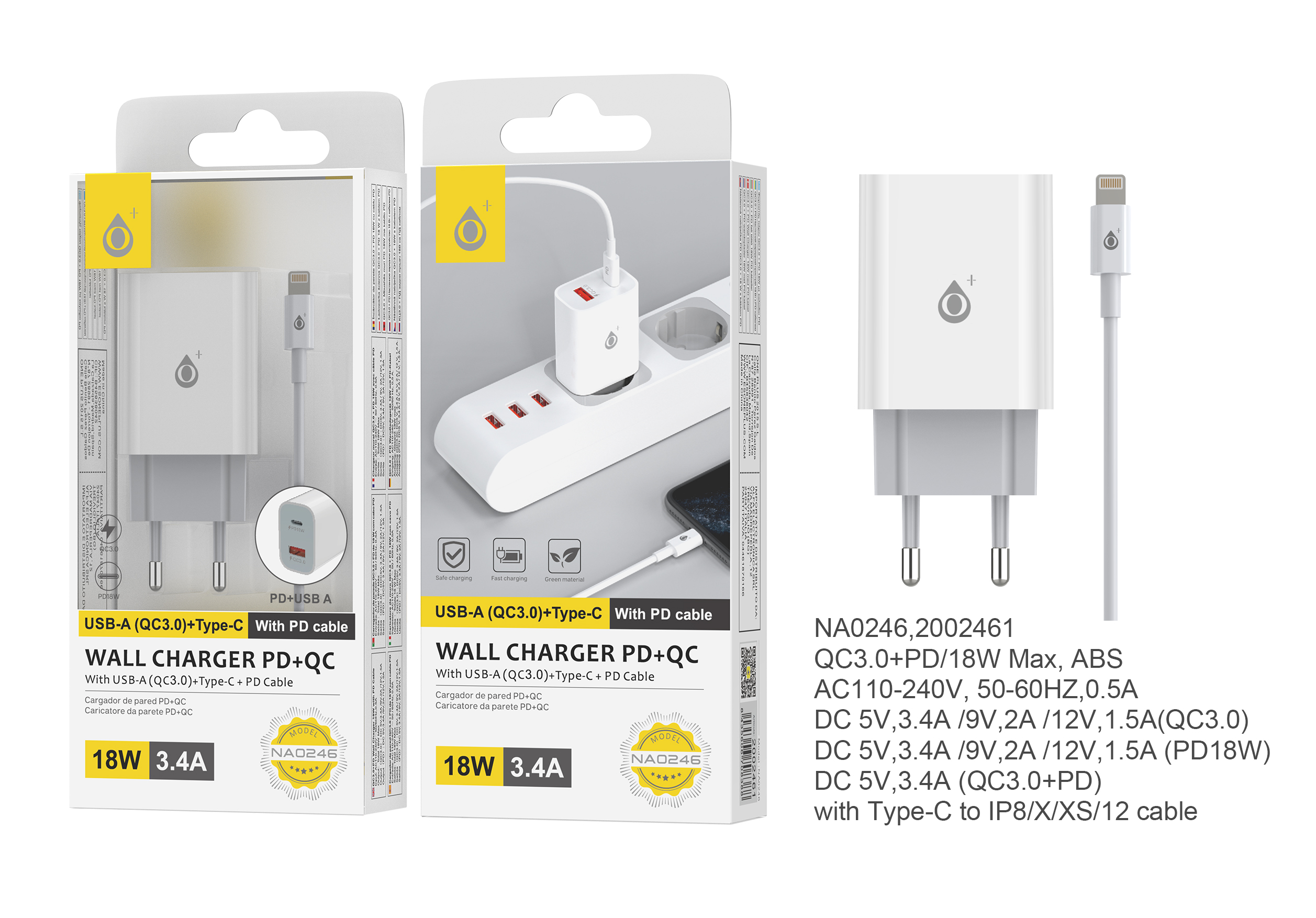 NA0246 BL Cargador de Red Rapida Muses con Cable PD de Type-C a IP 5-12,con 1 USB (QC3.0)+1puerta de PD, 3.4A(Max), 18W, Blanco