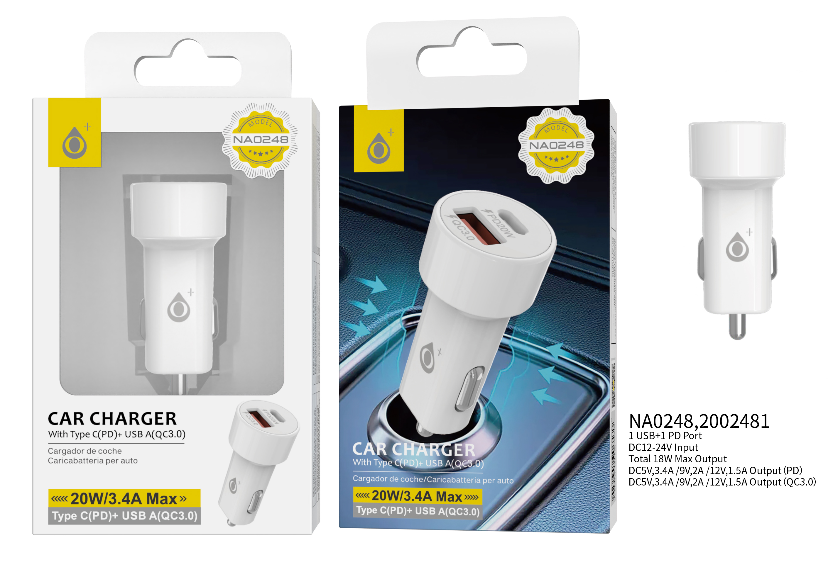 NA0248 BL Cargador de Coche Pivot con 2USB Type-C (PD)+ USB-A, 18W, 3.4A Max, Blanco