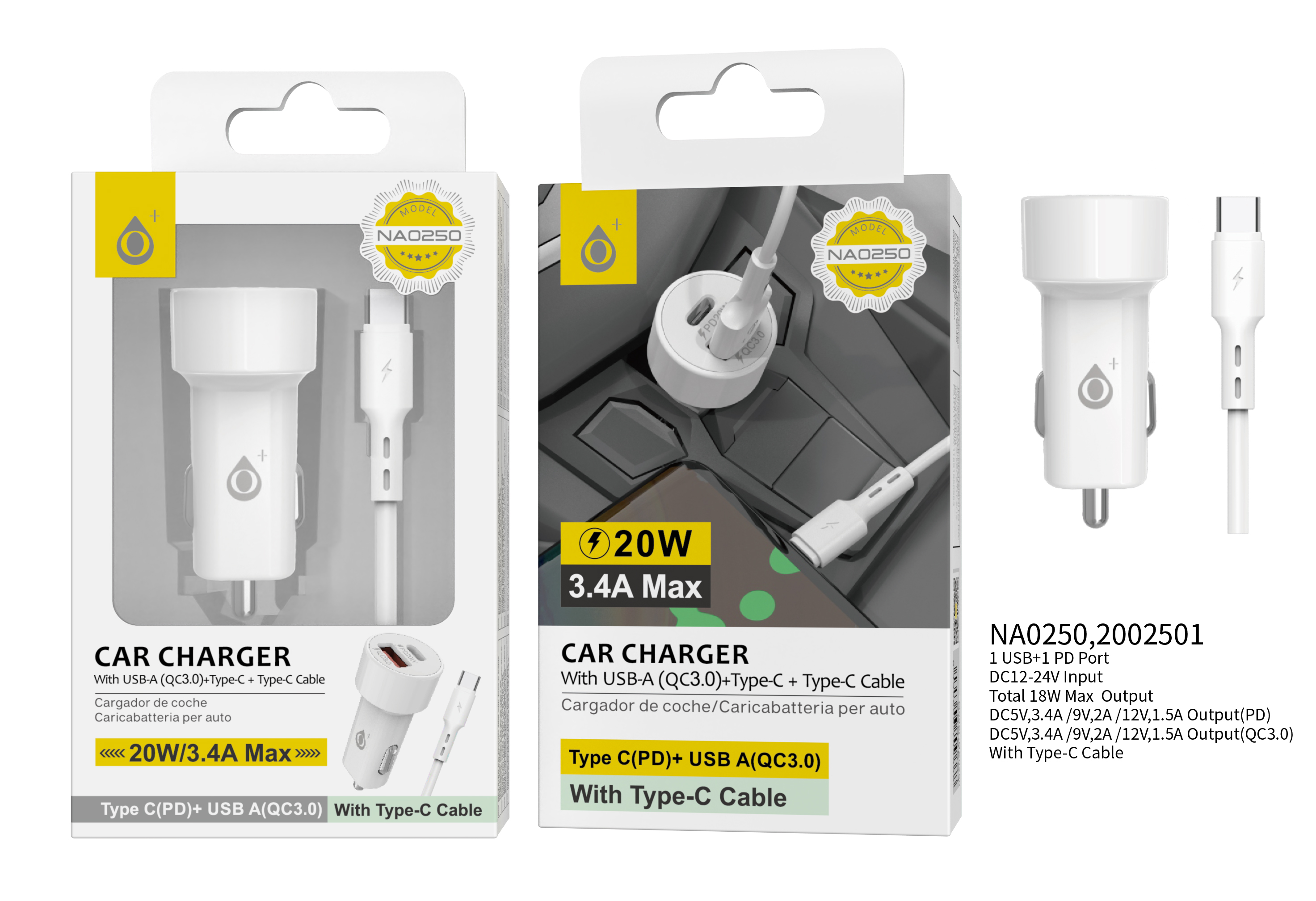 NA0250 BL Cargador de Coche Pivot con Cable Type-c, con 2USB Type-C (PD)+ USB-A, 18W, 3.4A Max, Blan