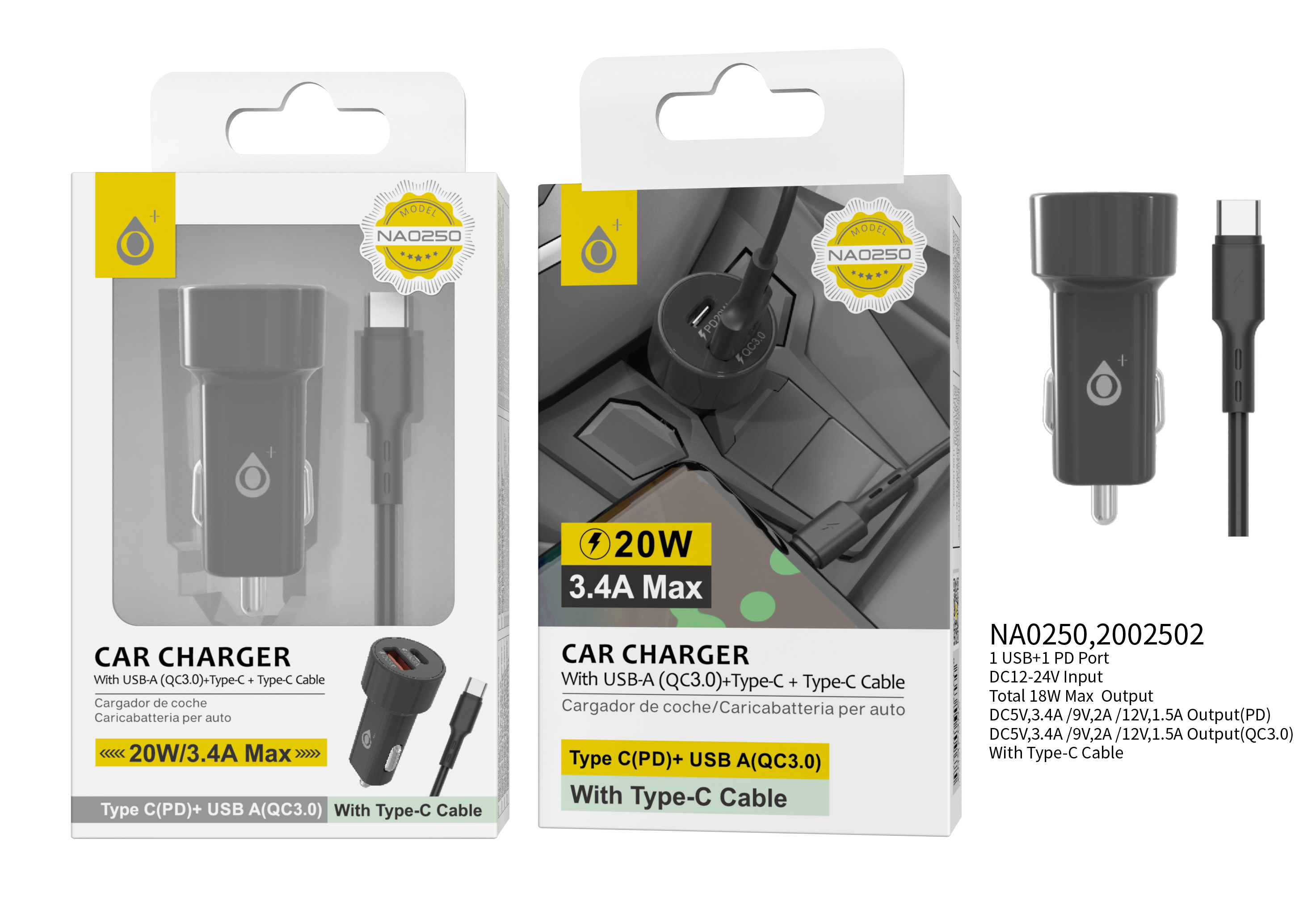 NA0250 NE Cargador de Coche Pivot con Cable Type-c, con 2USB Type-C (PD)+ USB-A, 18W, 3.4A Max, Negr