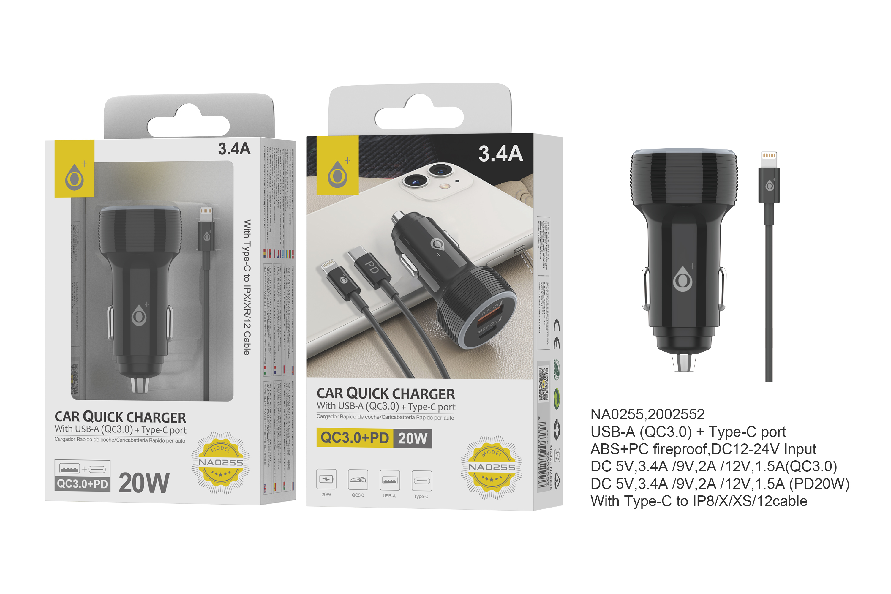 NA0255 NE Cargador Rapido de Coche Bledsoe con Cable PD de Type C a IP, con 1 USB (QC3.0)+1puerta de PD, 3.4A MAX, 20W, Negro