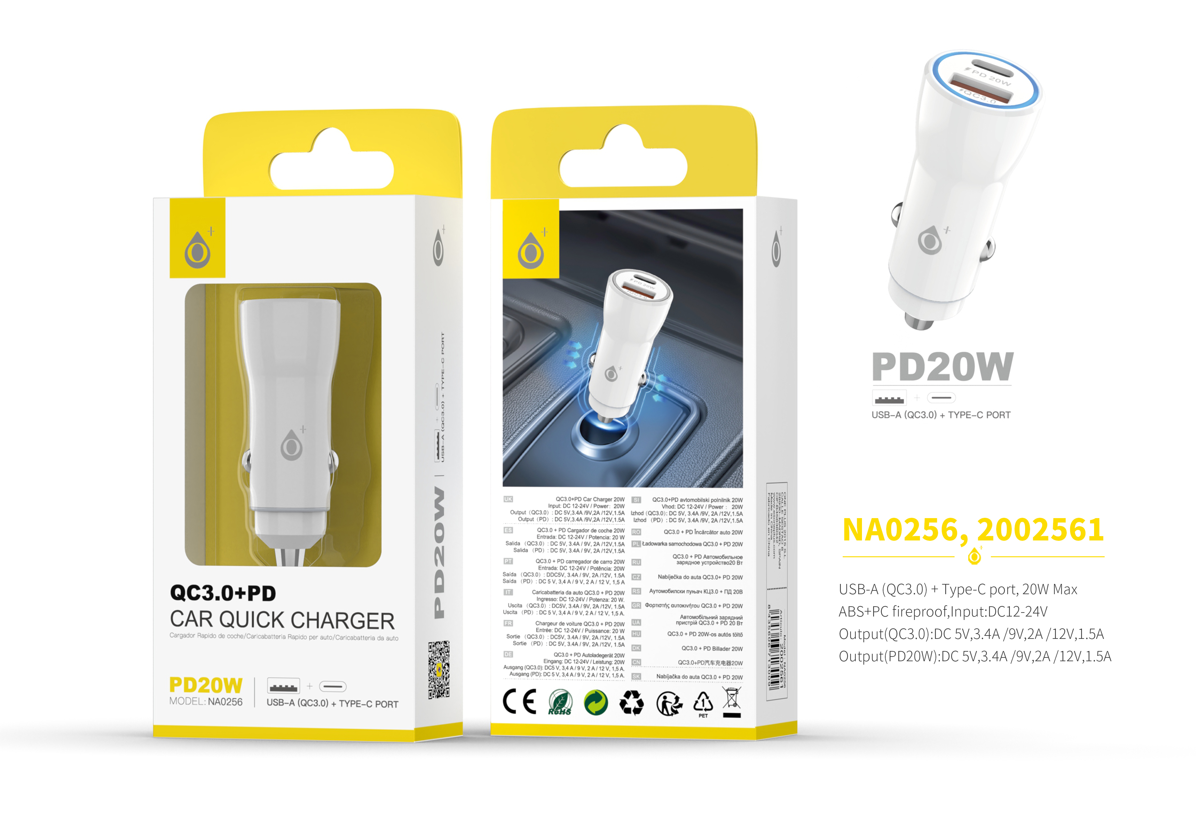 NA0256 BL Cargador Rapido de Coche Dallis sin cable, con 1 USB (QC3.0) + 1 puerta de PD, 3.4A(Max), 20W, Blanco