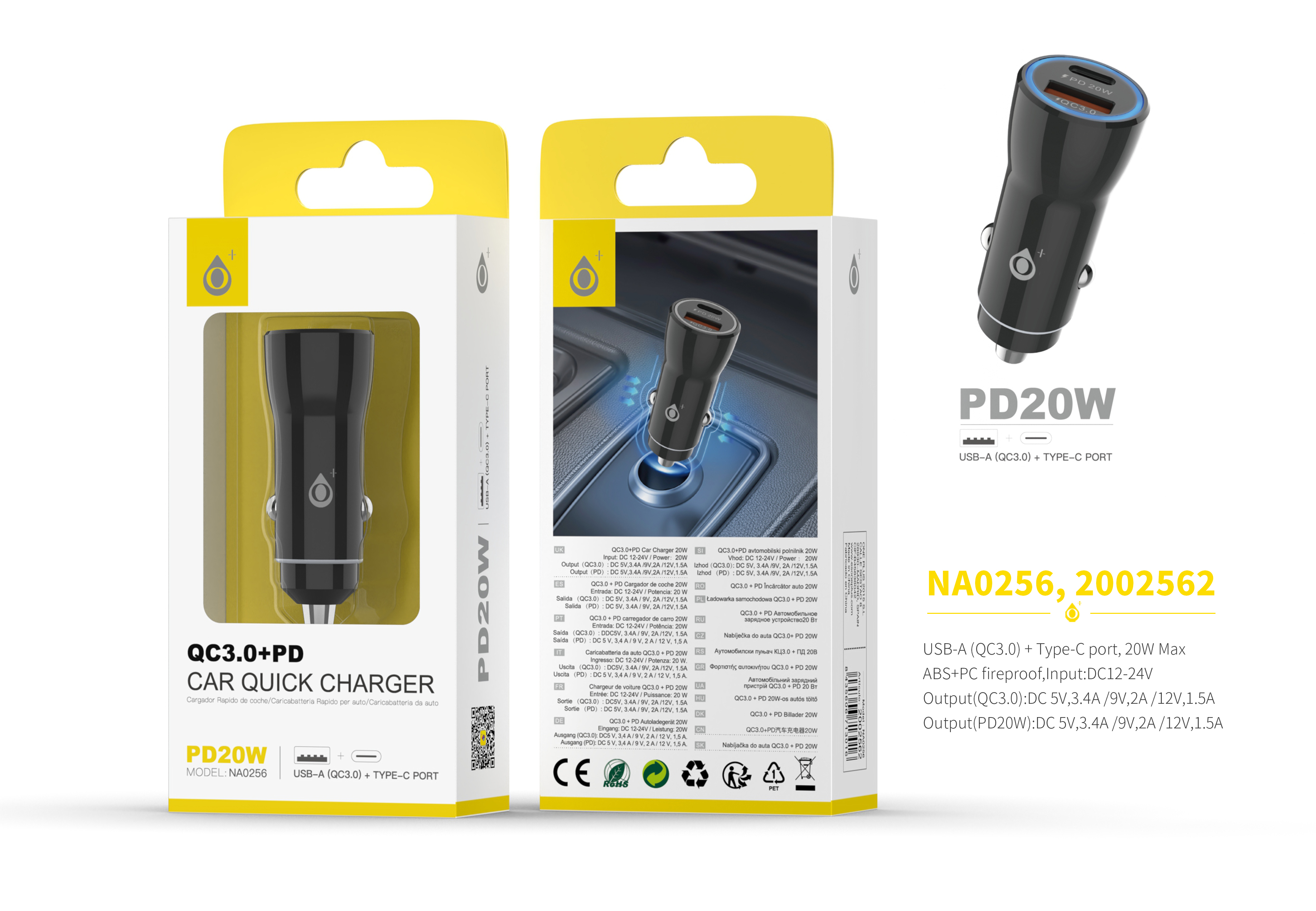 NA0256 NE Cargador Rapido de Coche Dallis sin cable, con 1 USB (QC3.0) + 1 puerta de PD, 3.4A(Max), 20W, Negro