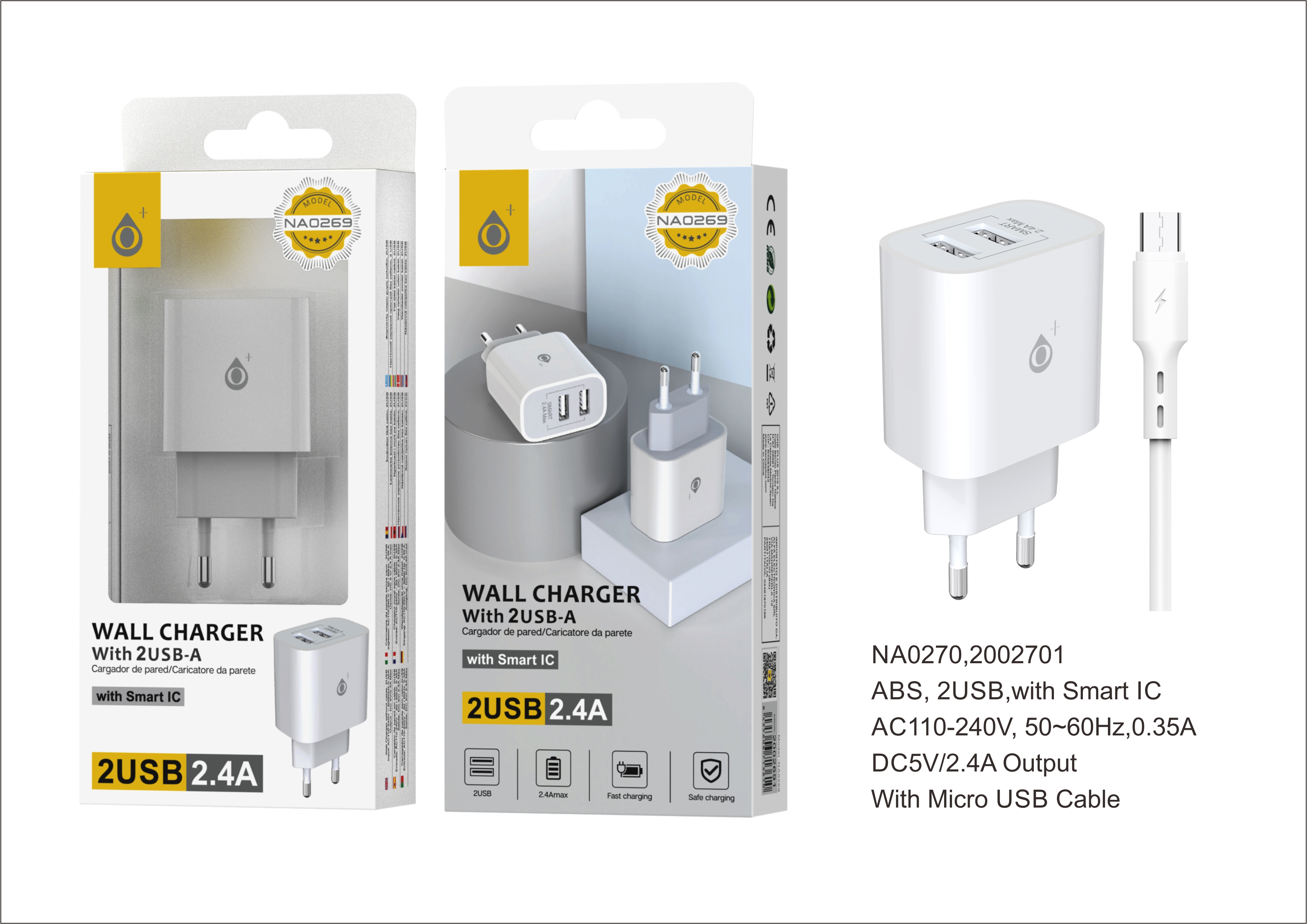 NA0270 BL Cargador de Pared Lora con Cable Micro-USB, con Chip de Reconocimiento Inteligente,  2 USB, 5V, 2.4A, Blanco