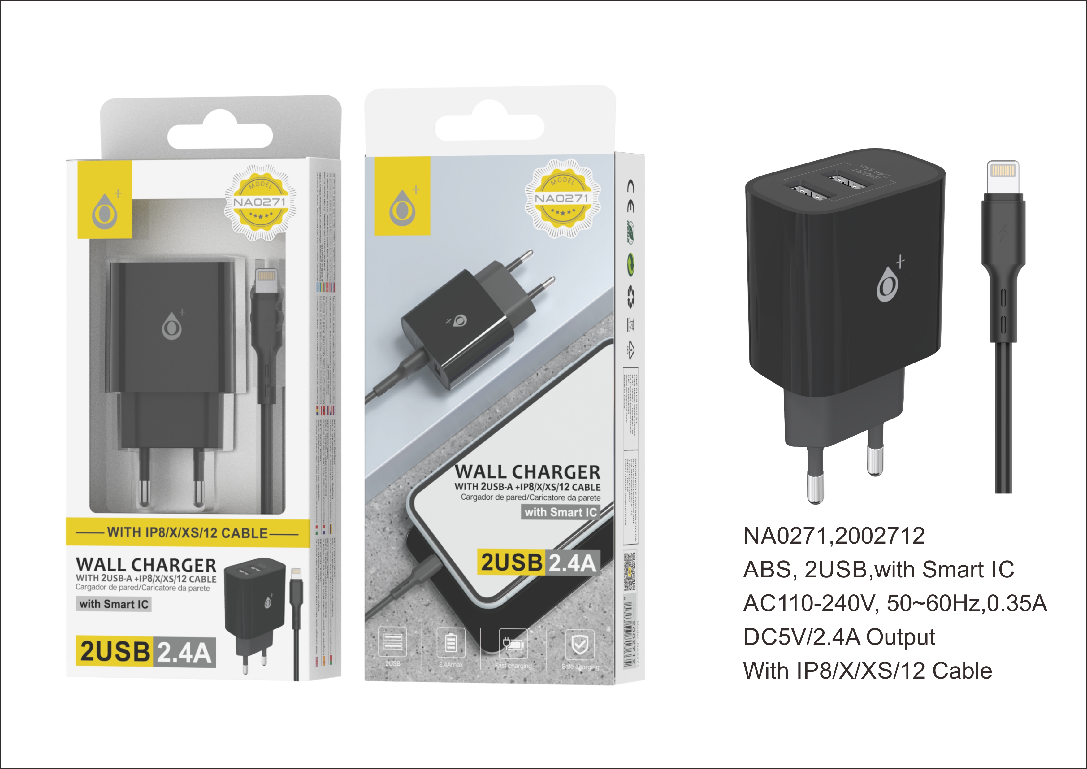 NA0271 NE Cargador de Pared Lora con Cable IP 5-13, con Chip de Reconocimiento Inteligente,  2 USB,