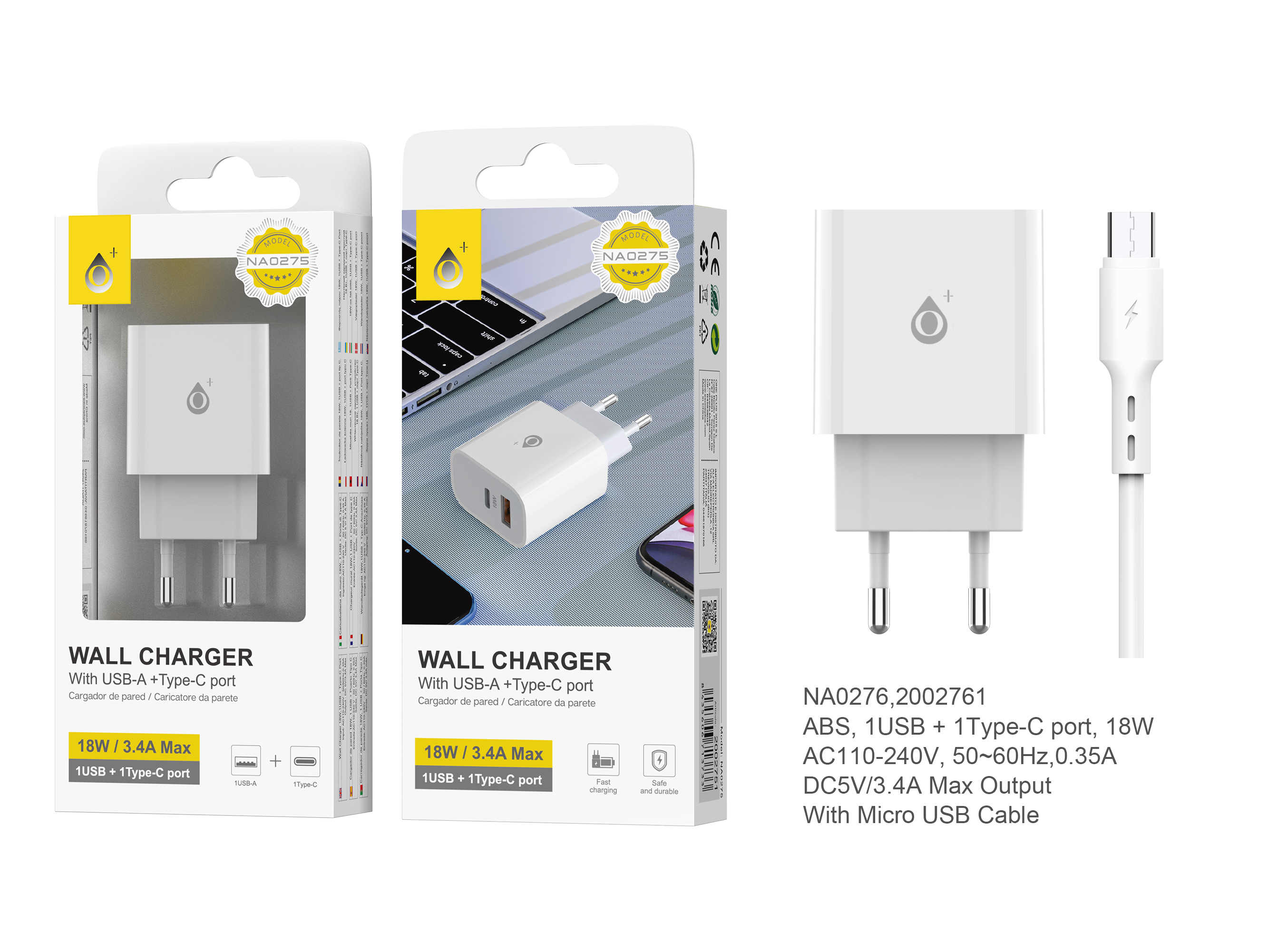 NA0276 BL Cargador Pared Zafi, con cable MicroUSB, con 1 puerta USB + 1 puerta PD, 18W, 3.4A Max, Blanco