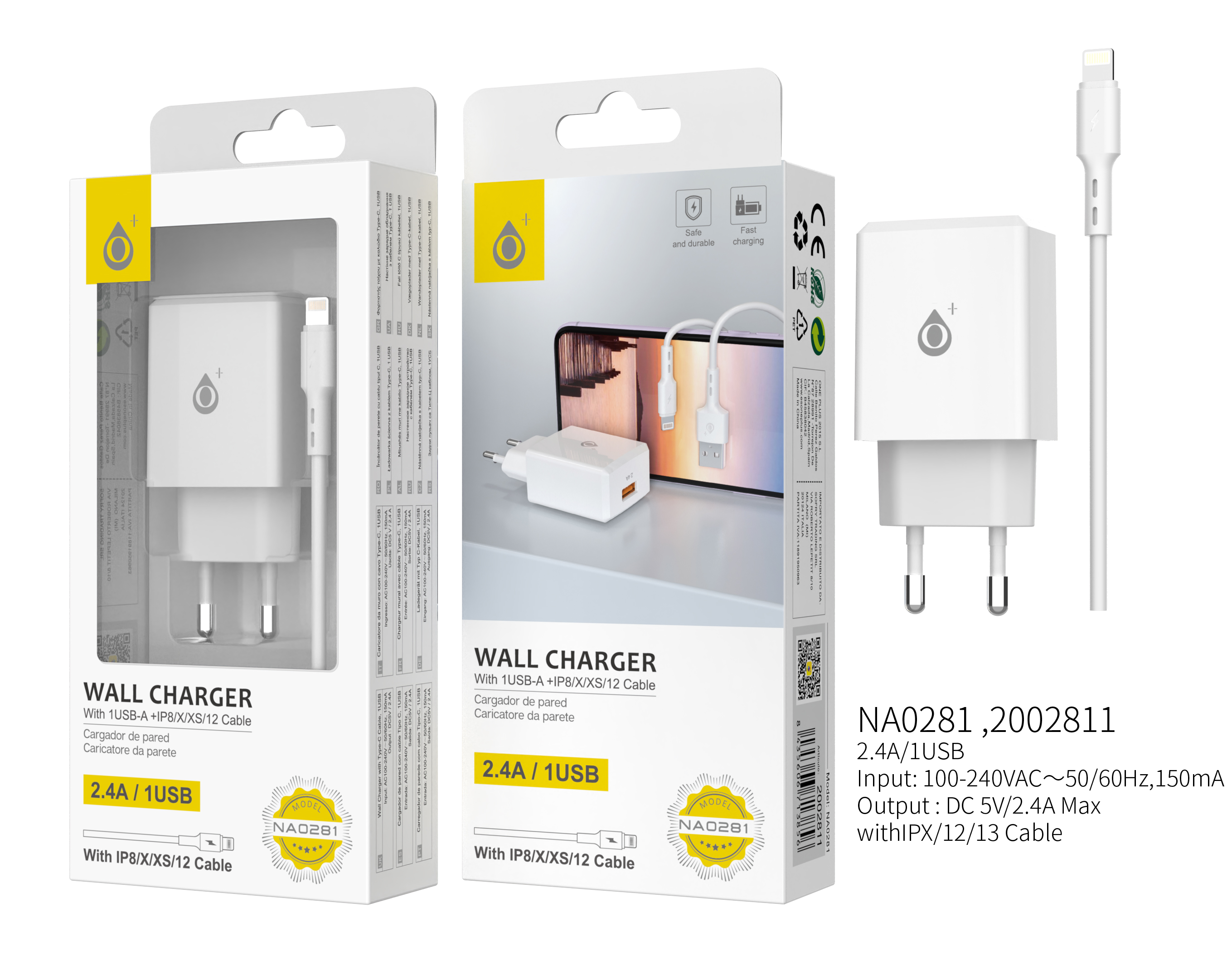 NA0281 BL Cargador de Red Eliza  1 USB con cable para IP 5-13 , 2.4A,Blanco