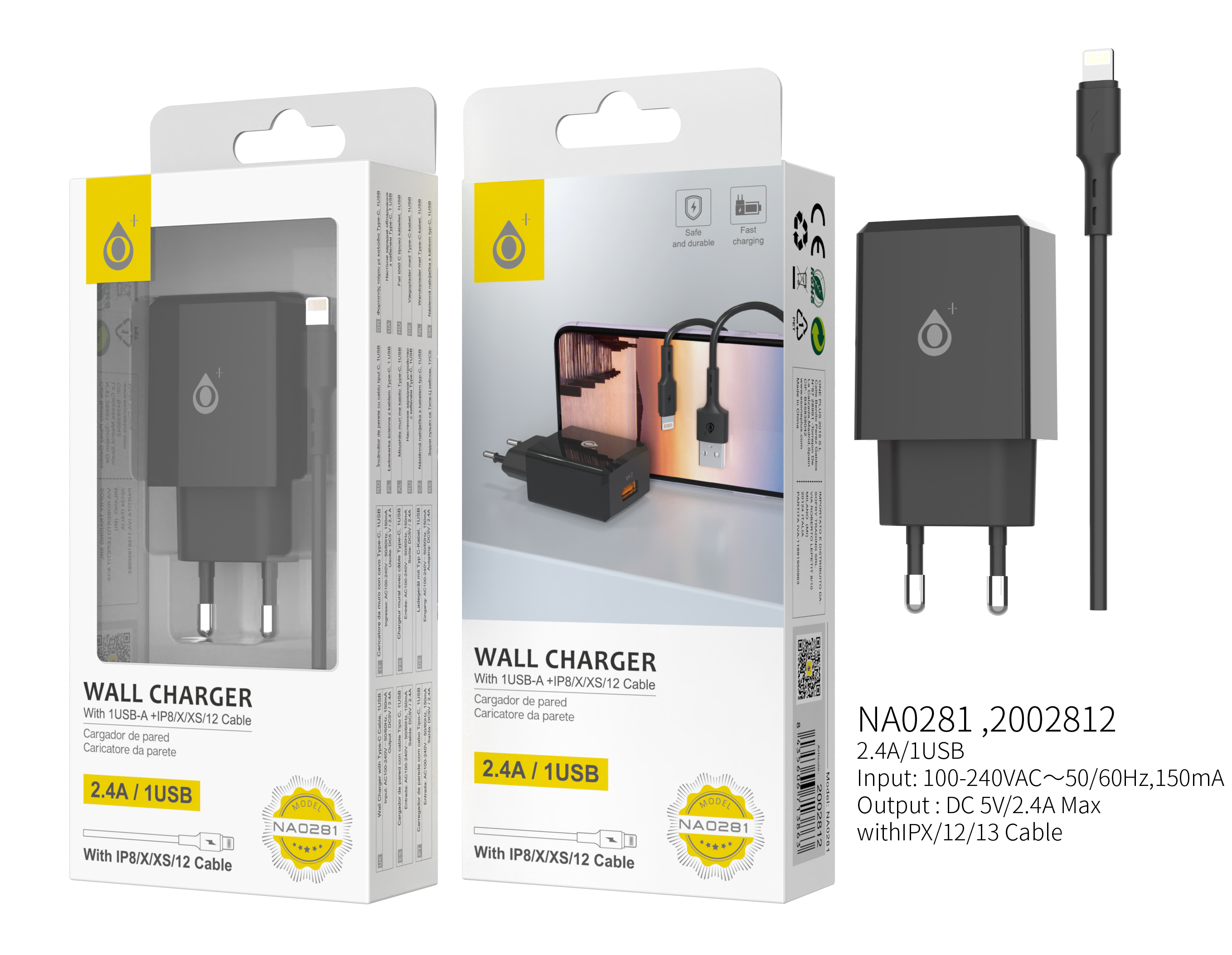 NA0281 NE Cargador de Red Eliza 1 USB con cable para IP 5-13 , 2.4A,Negro