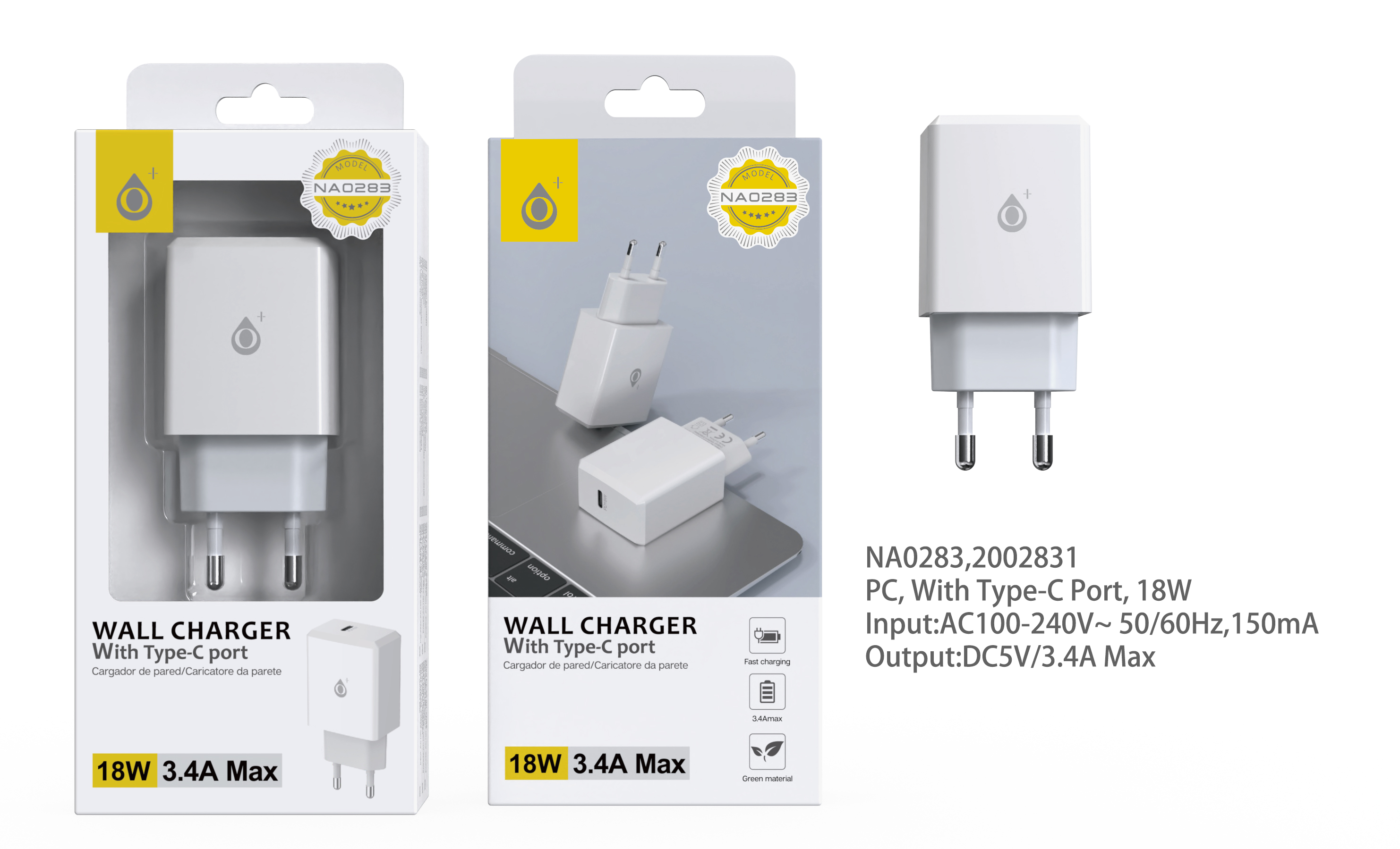 NA0283 BL Cargador Rapido de Pared Eliza , PD 18W, sin cable, Blanco