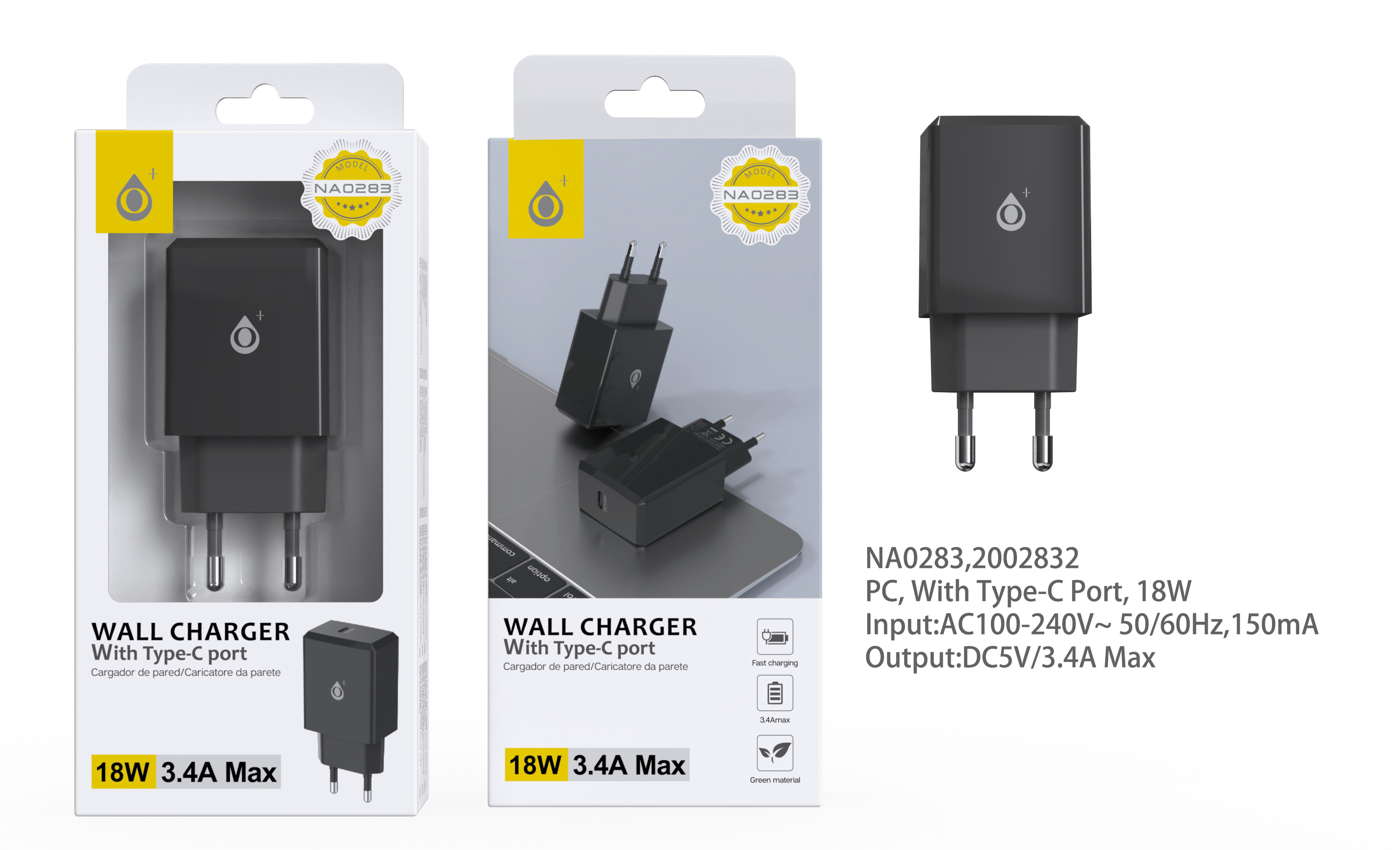 NA0283 NE Cargador Rapido de Pared Eliza , PD 18W, sin cable, Negro