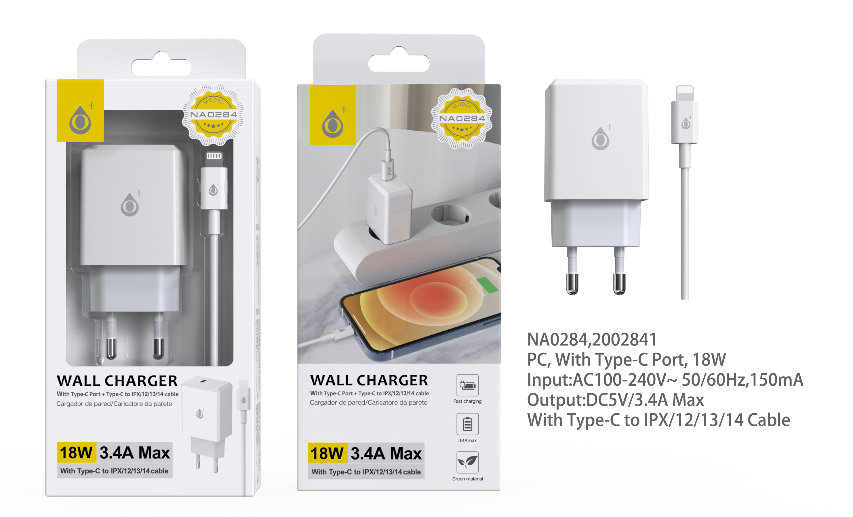 NA0284 BL Cargador Rapido de Pared Eliza , PD 18W, con cable C to Lightning, Blanco