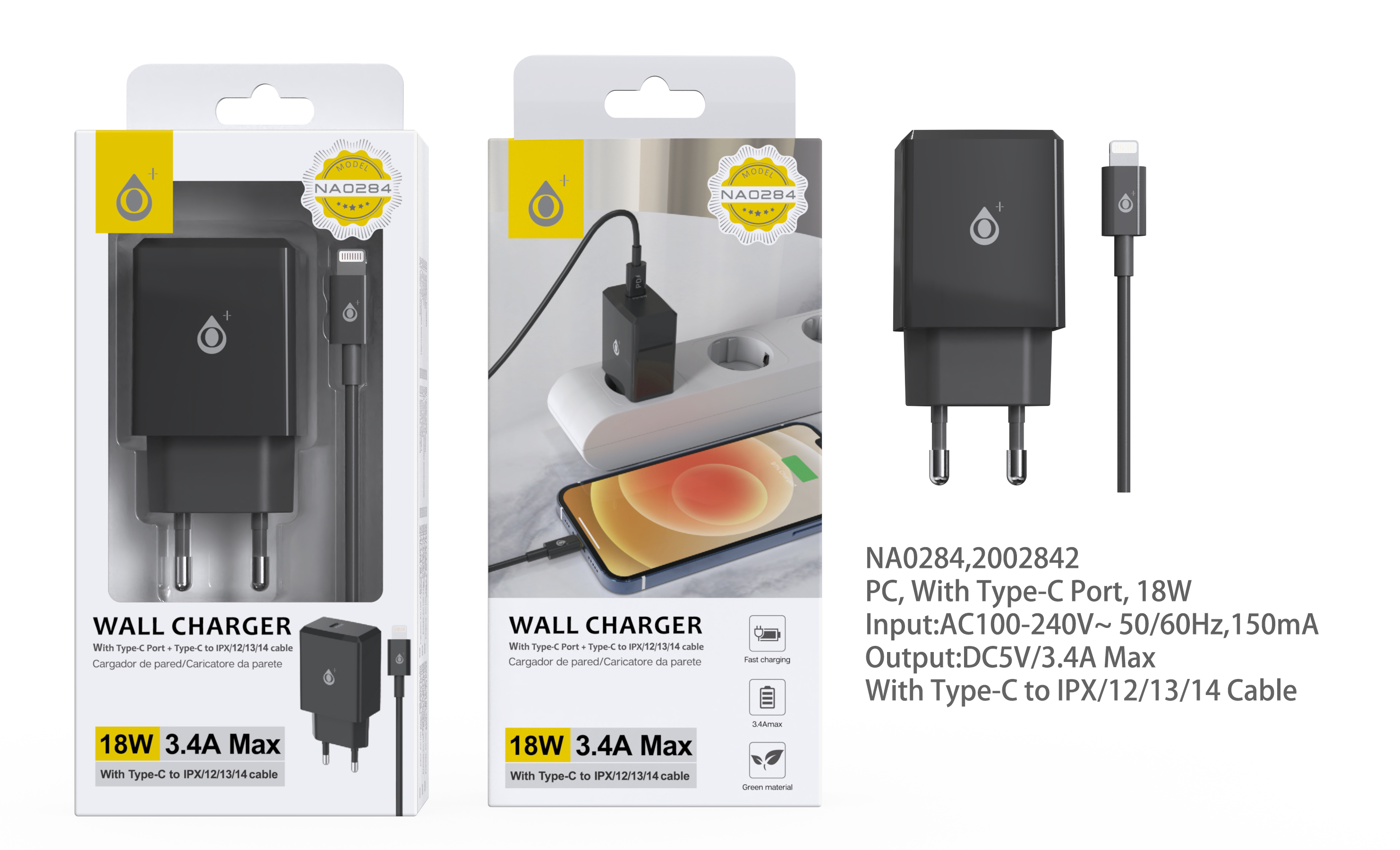 NA0284 NE Cargador Rapido de Pared Eliza , PD 18W, con cable C to Lightning, Negro