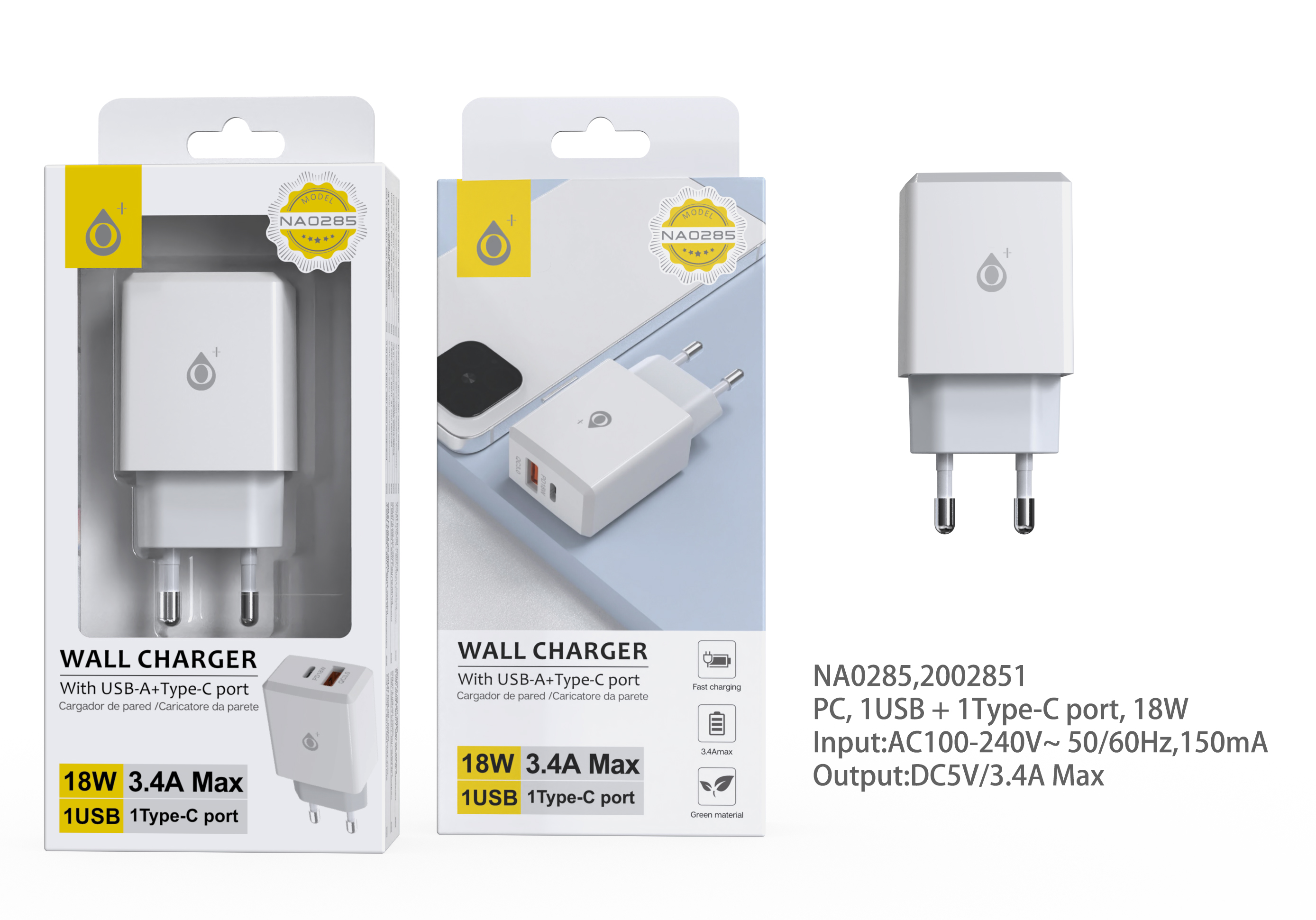 NA0285 BL Cargador Rapido de Pared Eliza , PD+ QC 3.0, 18W, sin cable, Blanco