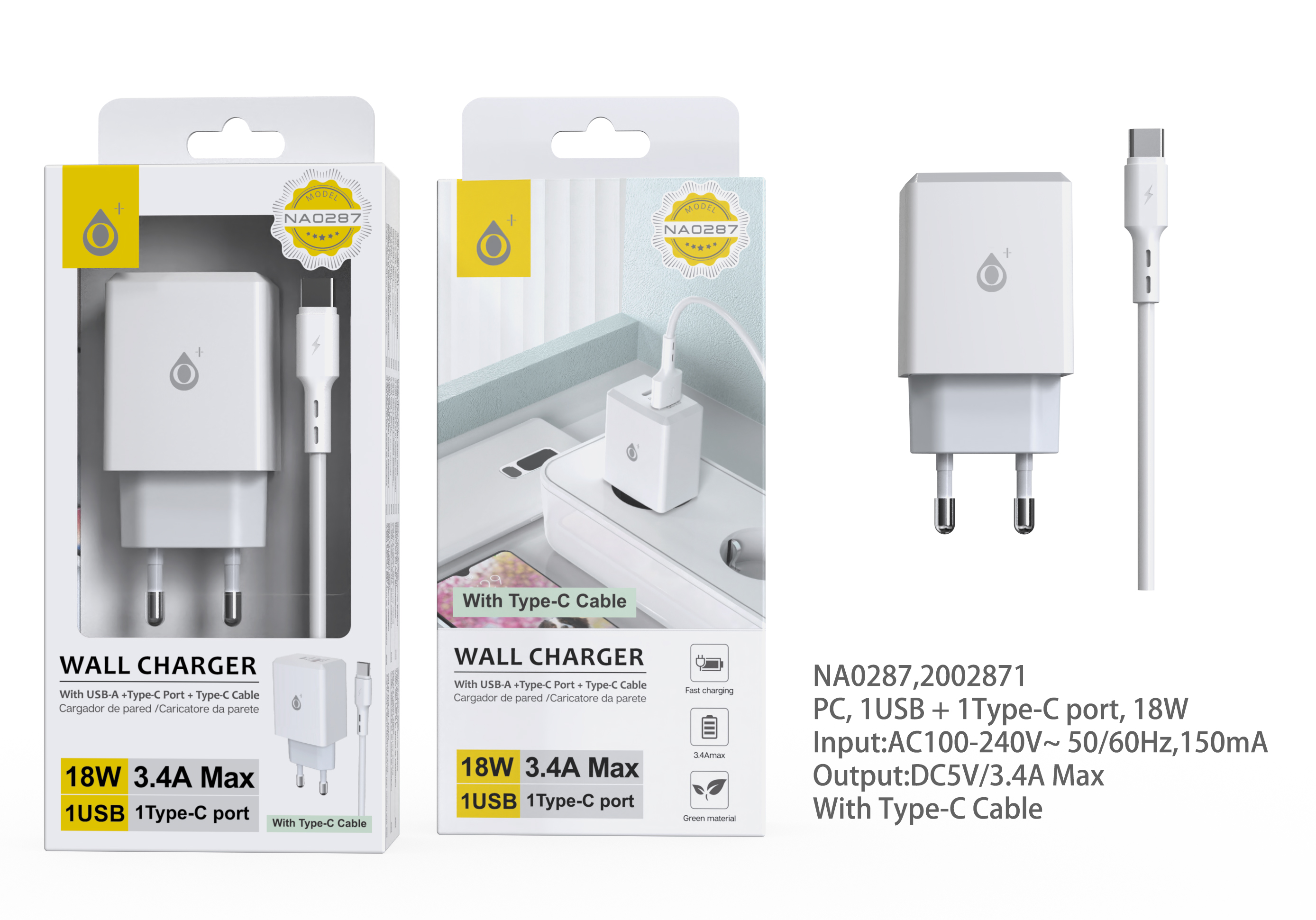 NA0287 BL Cargador Rapido de Pared Eliza , PD+ QC 3.0, 18W, con cable TYPE-C , Blanco