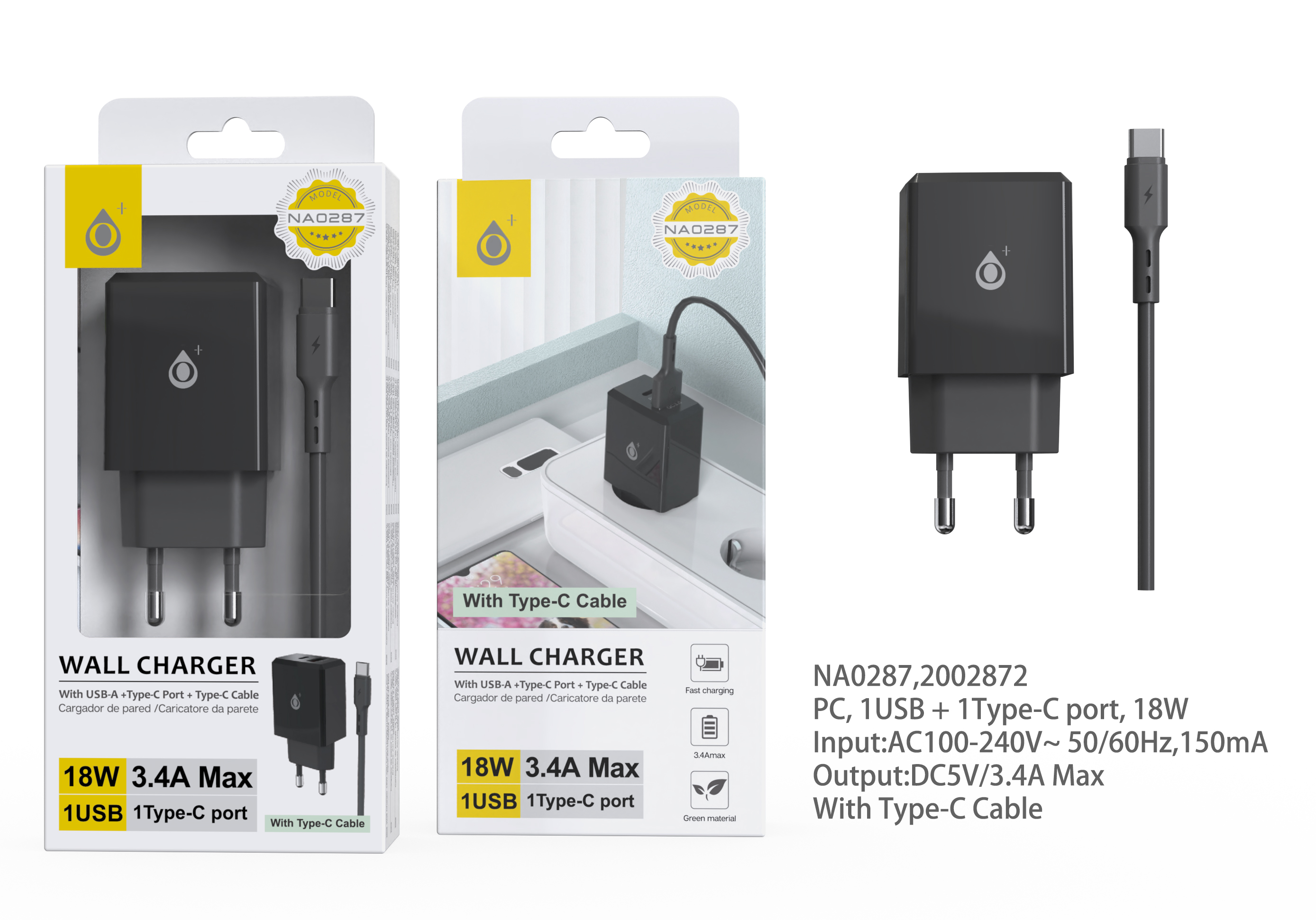 NA0287 NE Cargador Rapido de Pared Eliza , PD+ QC 3.0, 18W, con cable TYPE-C , Negro