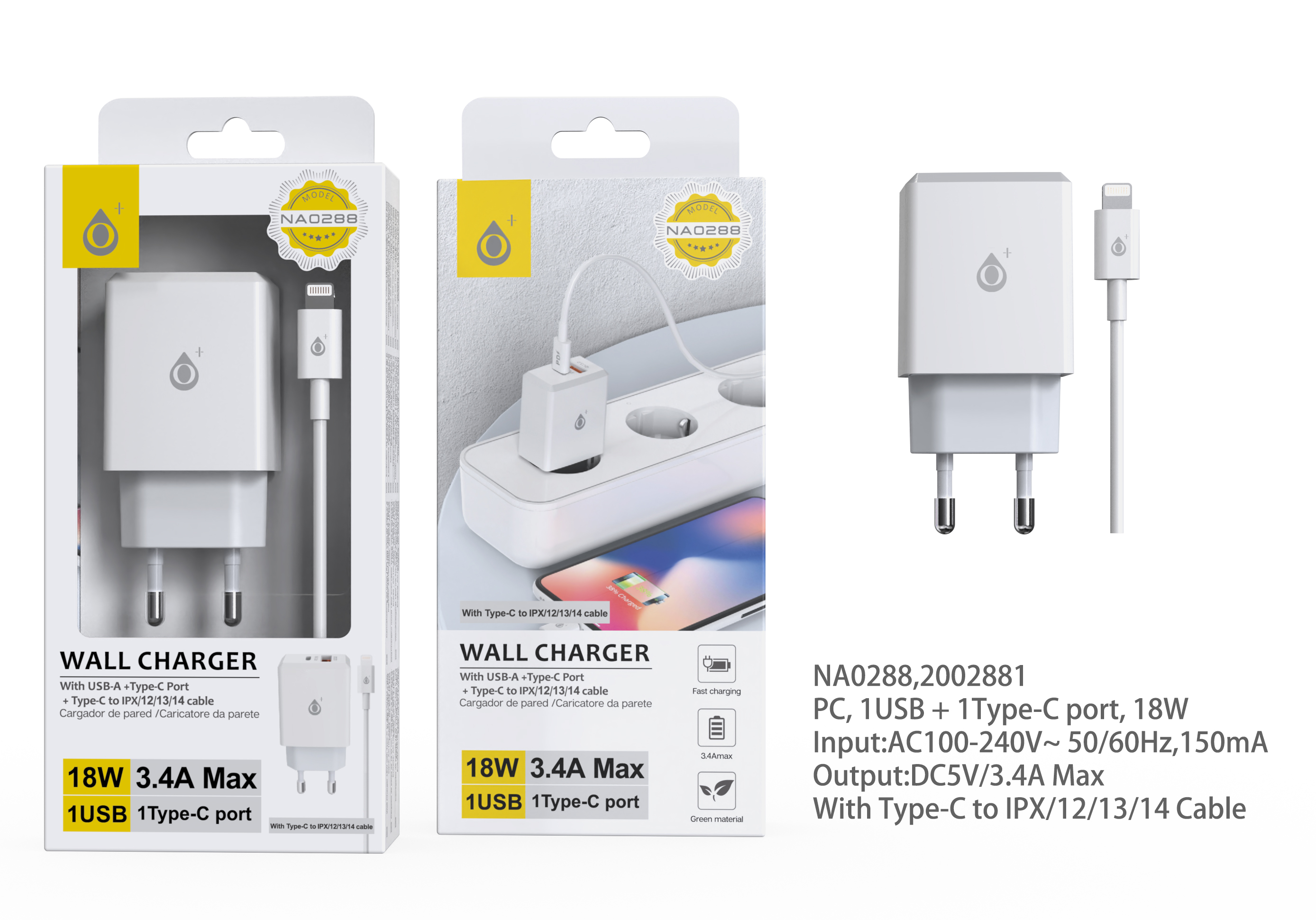 NA0288 BL Cargador Rapido de Pared Eliza , PD+ QC 3.0, 18W, con cable C to Lightning,IP 5-13, Blanco