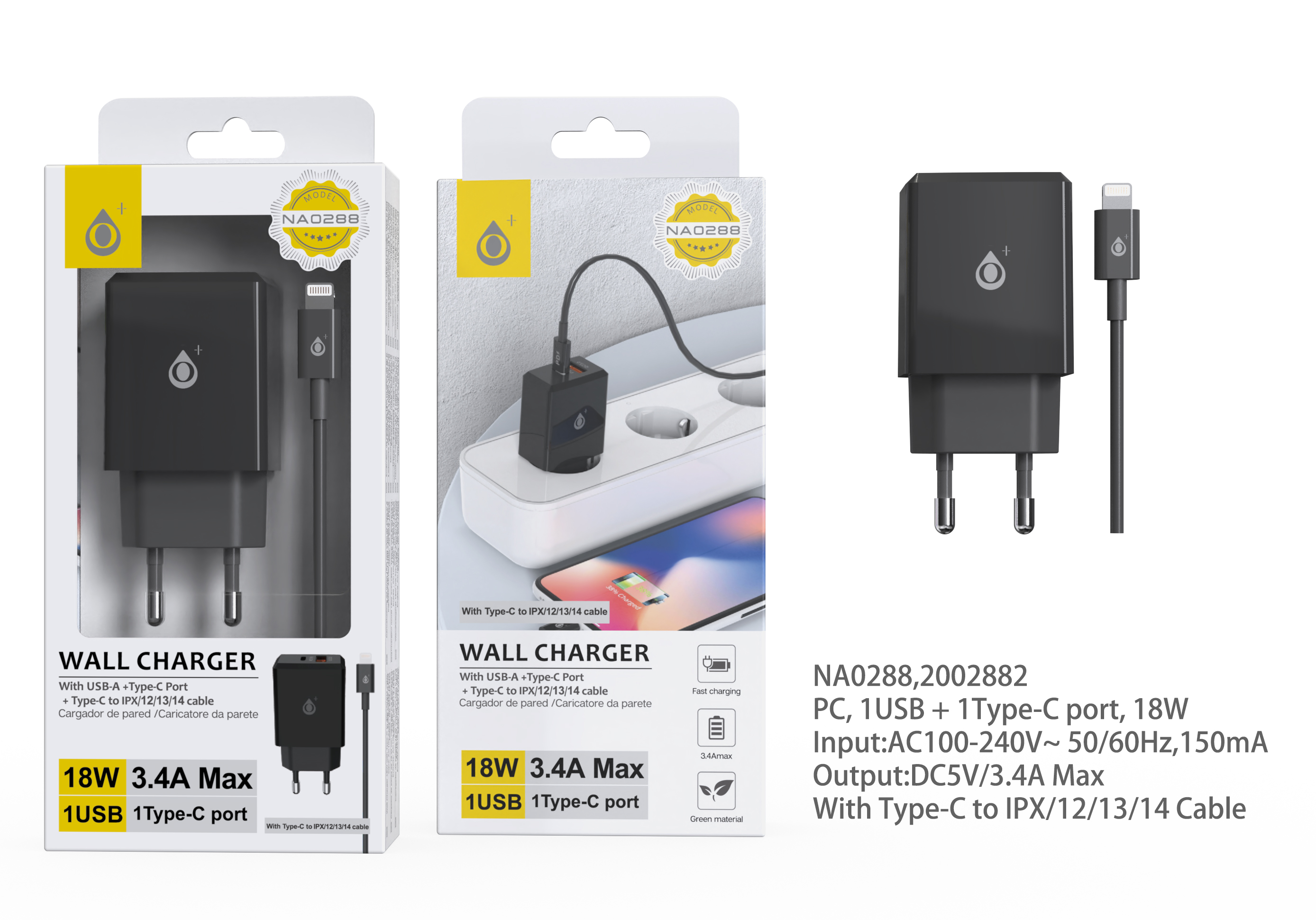 NA0288 NE Cargador Rapido de Pared Eliza , PD+ QC 3.0, 18W, con cable C to Lightning,IP 5-13, Negro