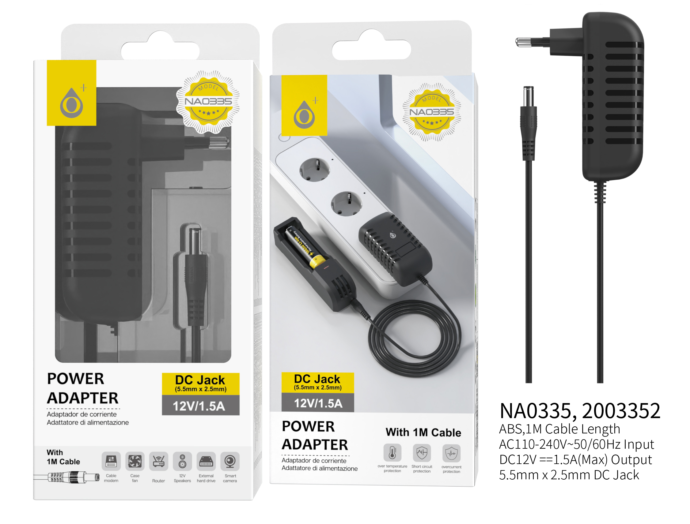 NA0335 NE Cargador Universal  con Conector Jack DC 12V/1.5A ( 5.5mm X 2,5mm) 1M, Negro