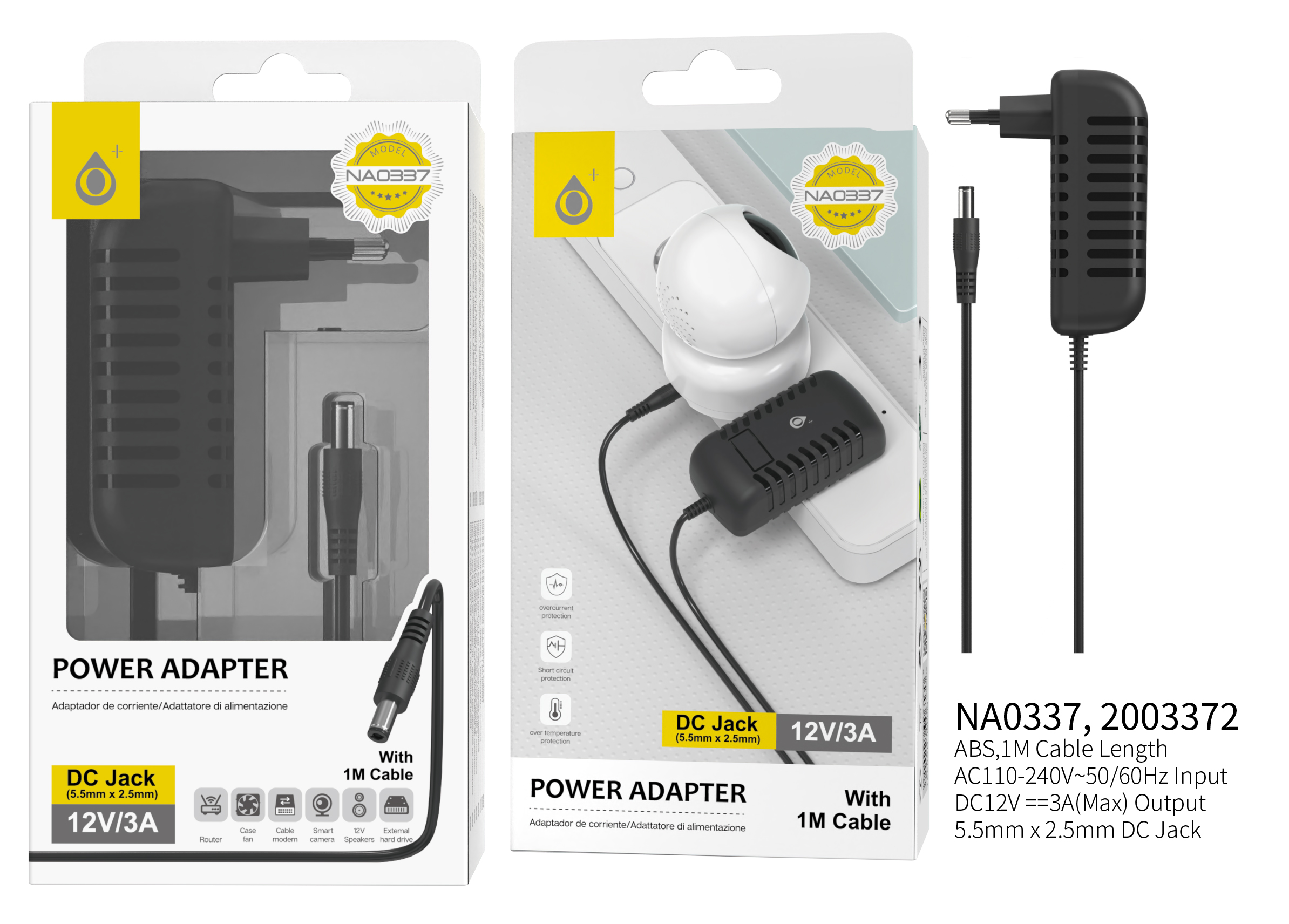 NA0337 NE Cargador Universal  con Conector Jack DC 12V/3A ( 5.5mm X 2,5mm) 1M, Negro