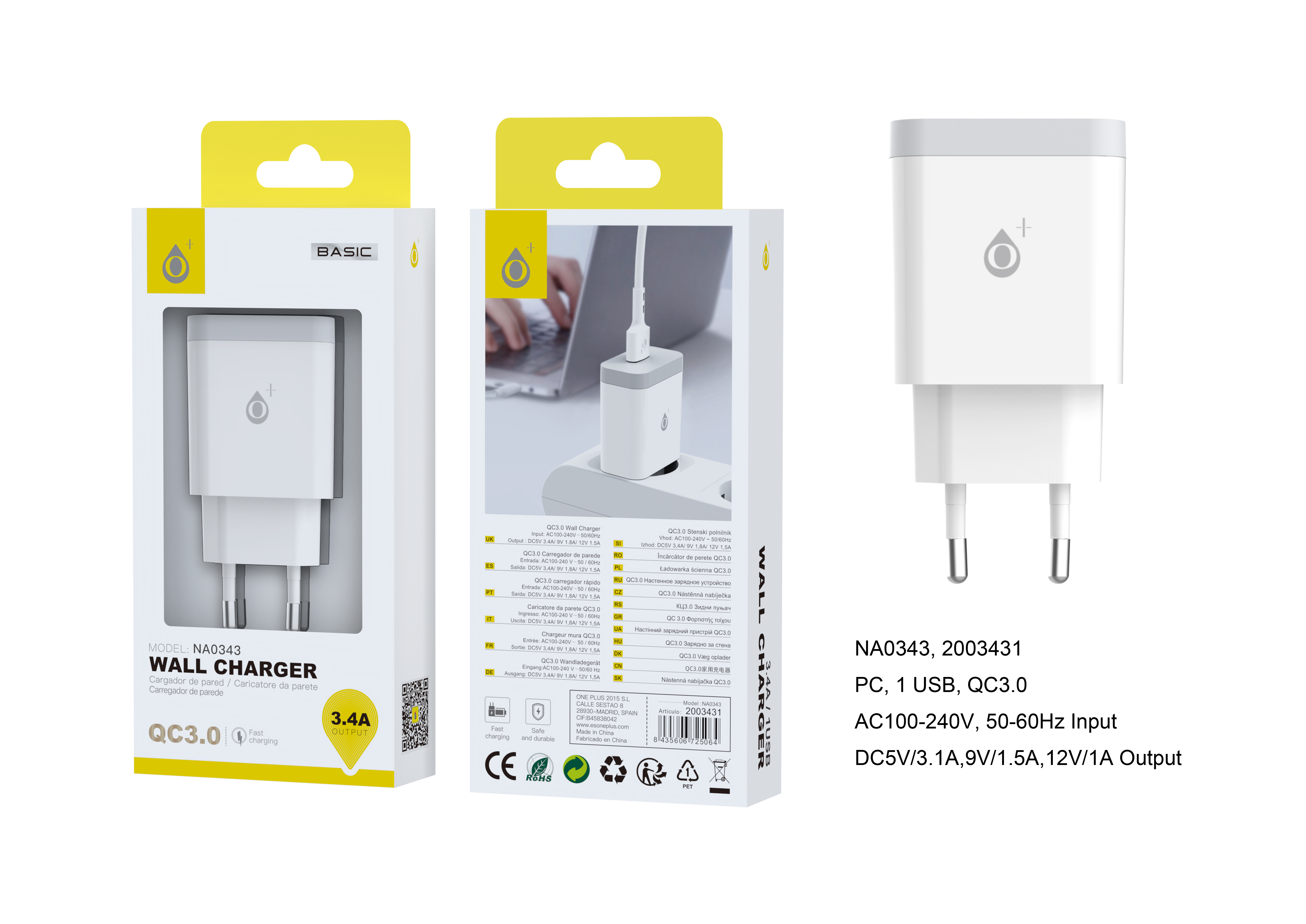 NA0343 BL  Cargador de Red Rapido S.Basic June 1USB QC3.0, 3.1A Max sin cable, Blanco