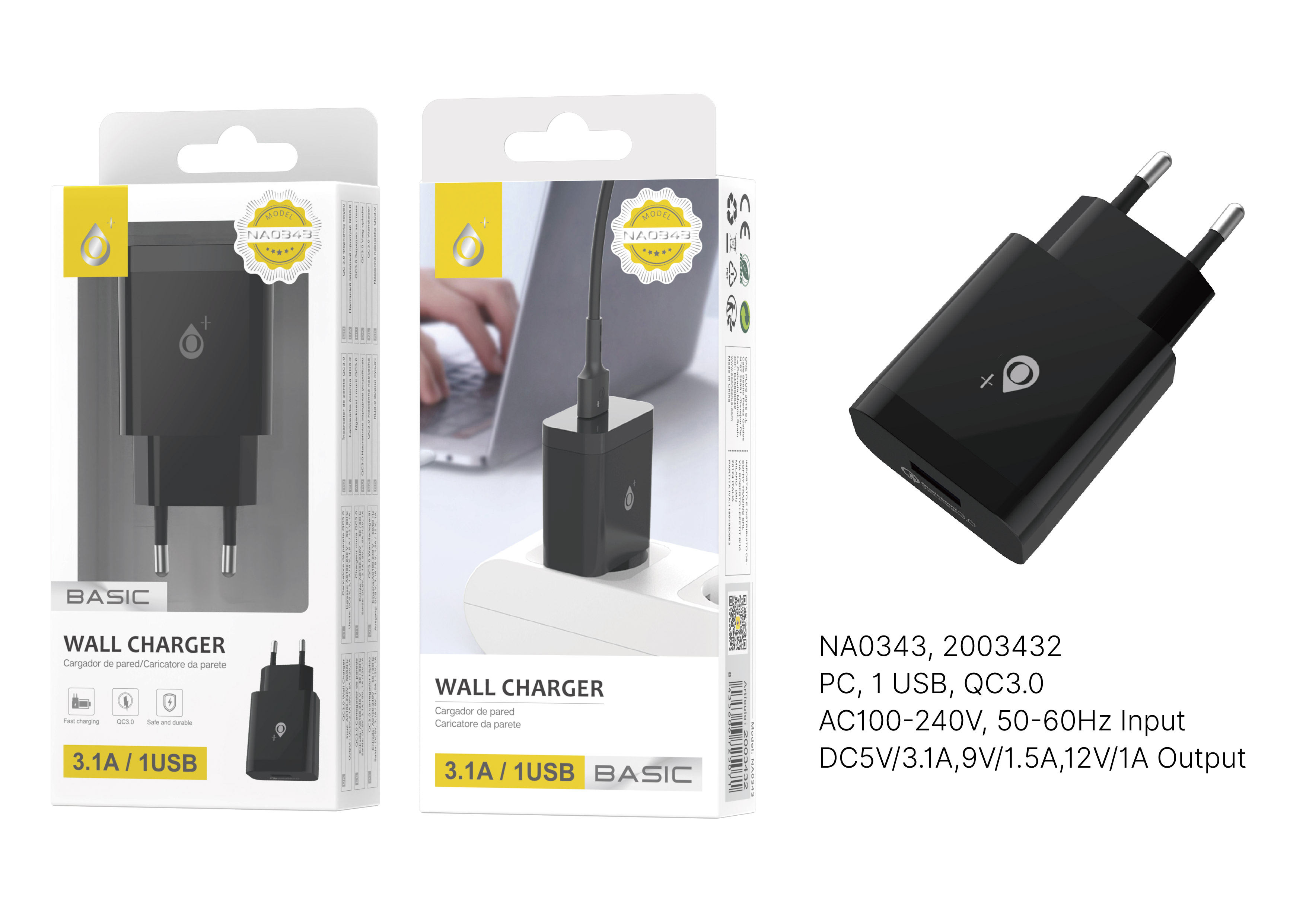 NA0343 NE  Cargador de Red Rapido S.Basic June 1USB QC3.0, 3.1A Max sin cable, Negro