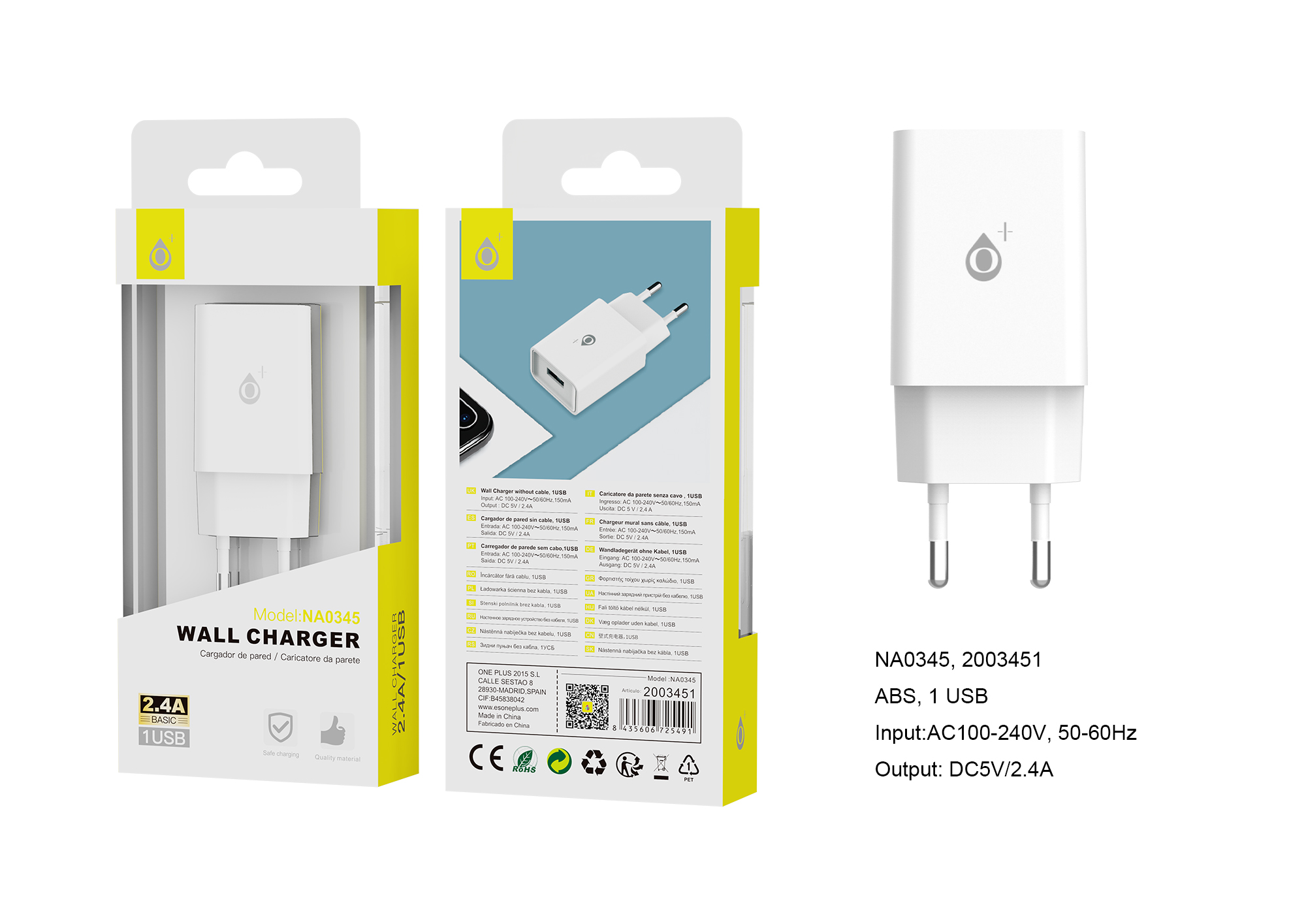 NA0345 BL Cargador de Red  S. Basic Clover 1 USB sin cable, 2.4A, Blanco