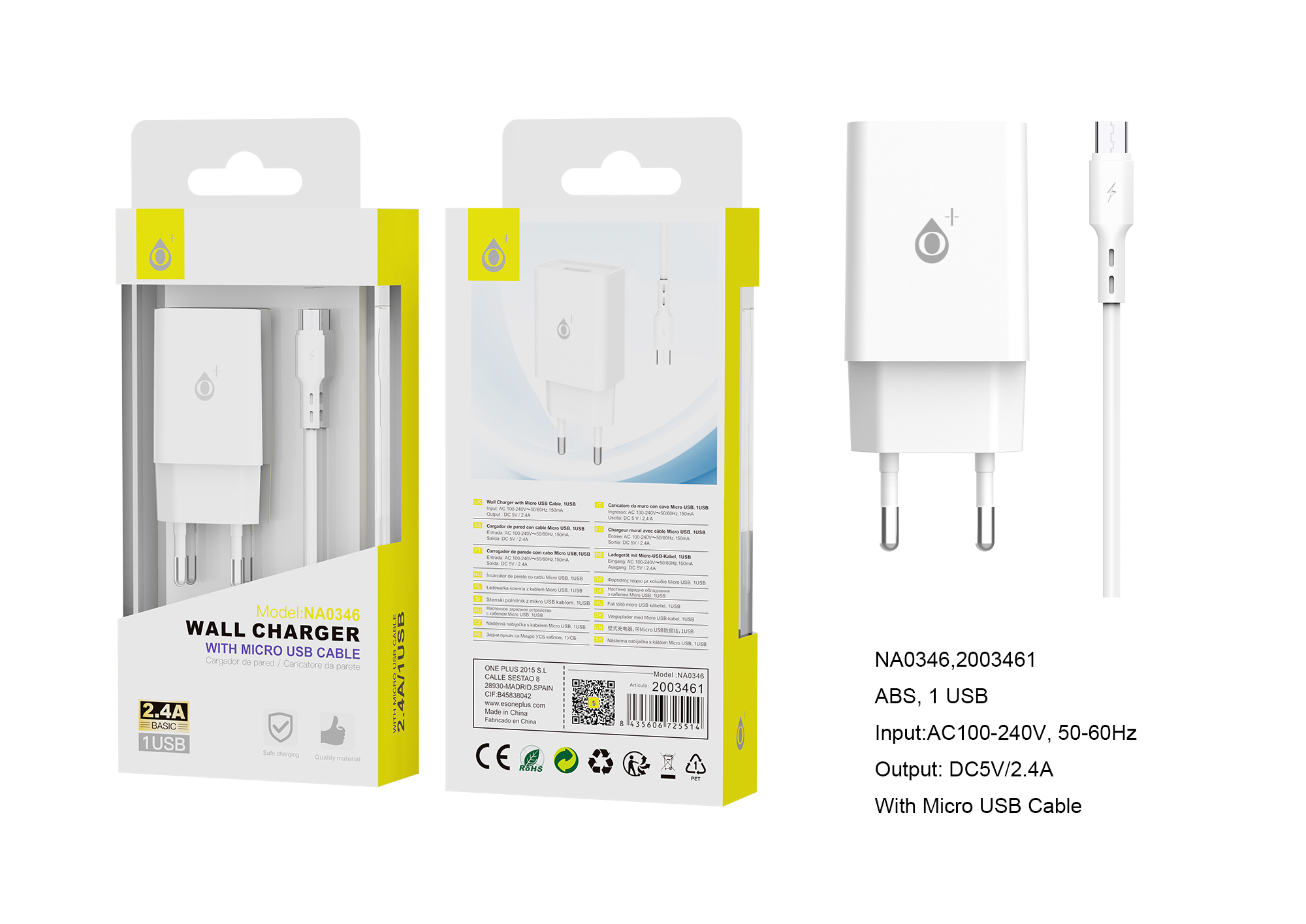 NA0346 BL Cargador de Red  S. Basic Clover 1 USB Con cable Micro USB, 2.4A, Blanco