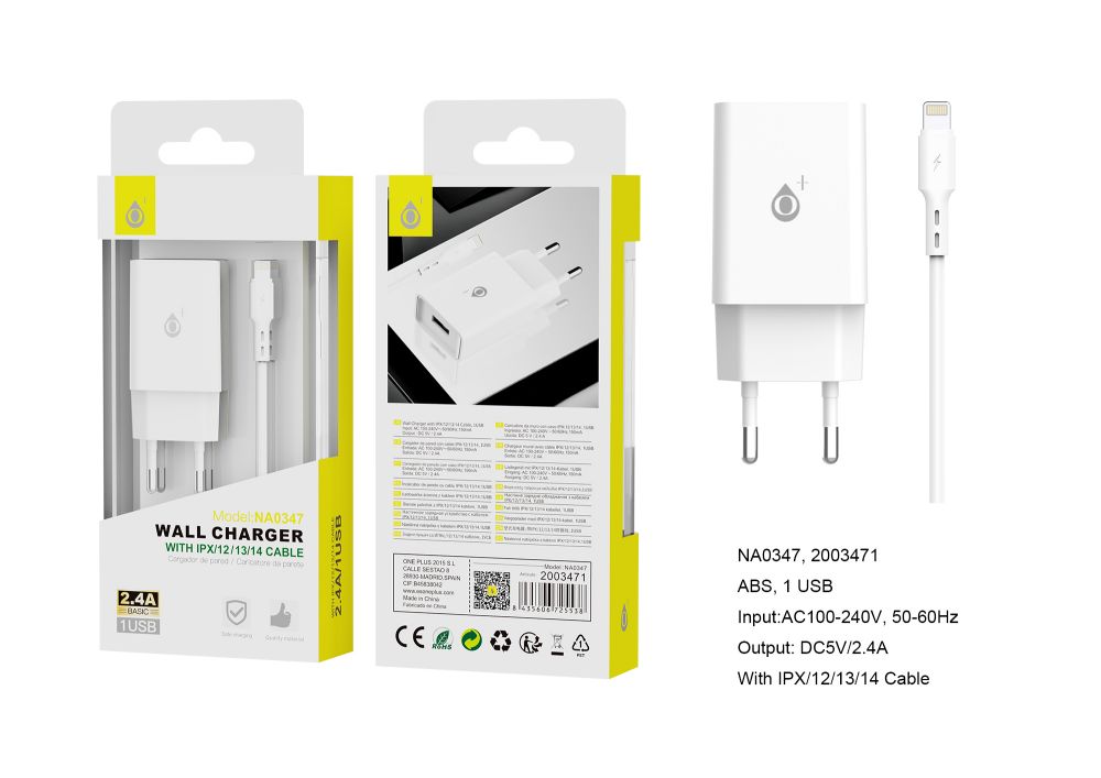 NA0347 BL Cargador de Red S. Basic  Clover 1 USB Con cable de  Iphone  5-13, 2.4A, Blanco