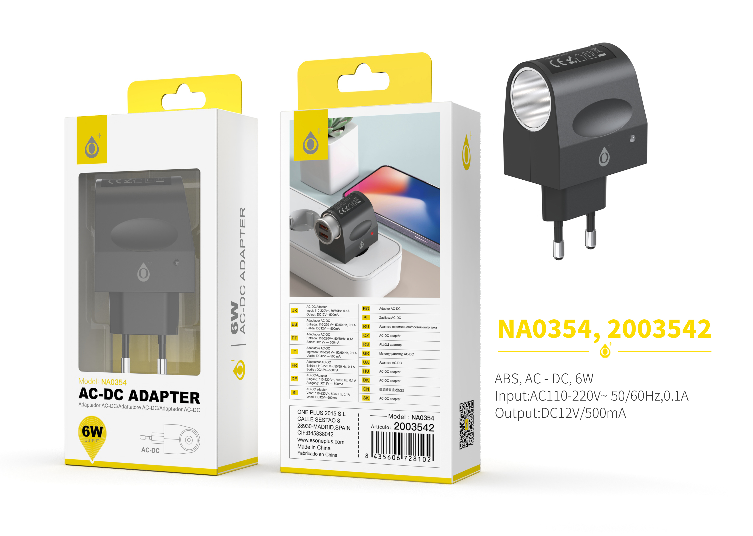 NA0354 NE Adaptador de Corriente AC A DC , Negro