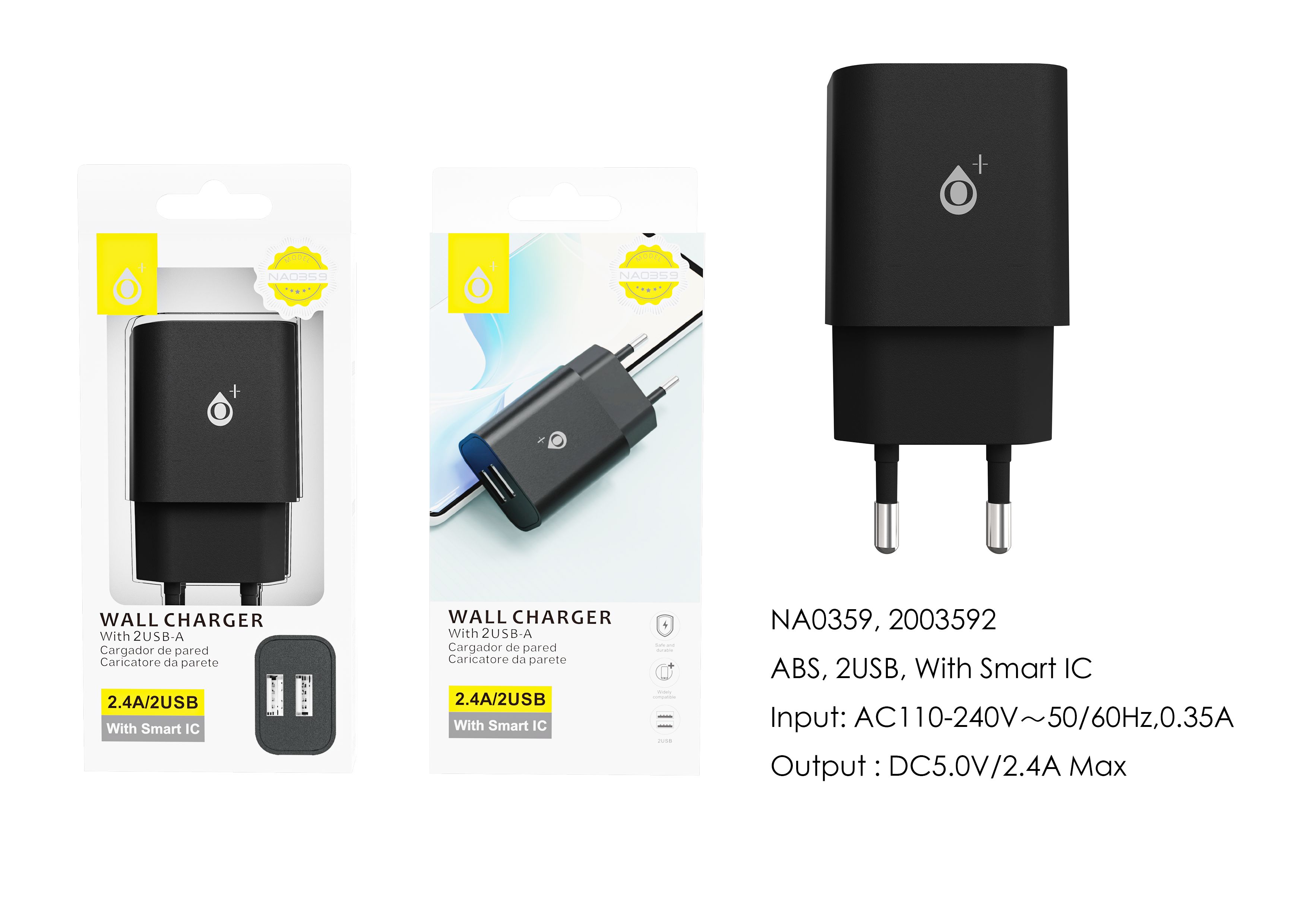 NA0359 NE Cargador de Red ELIO  Con Chip de Reconocimiento Inteligente, 2 USB sin cable, 5V/2.4A Max