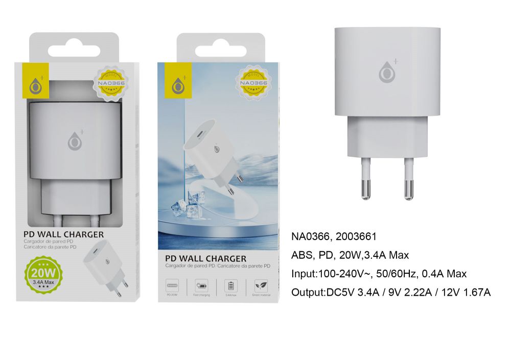 NA0366 BL Cargador de Red Rapida BRENT sin cable , 1 USB Type-C PD Carga  Rapida, 20W 3.4A Max, Blanco