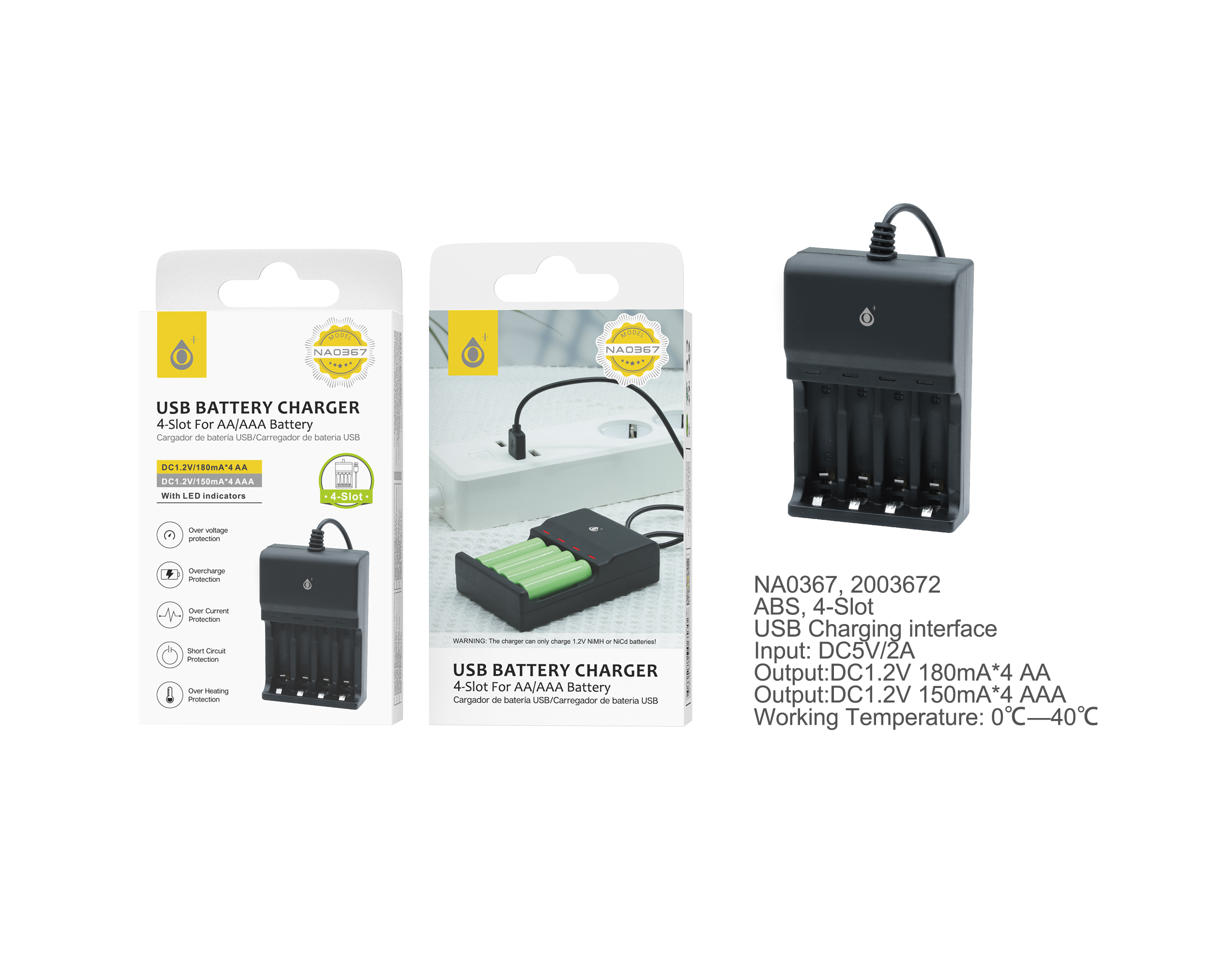 NA0367 NE Cargador USB de Bateria Recargable de AA/AAA, Con luz de Indicador, negro