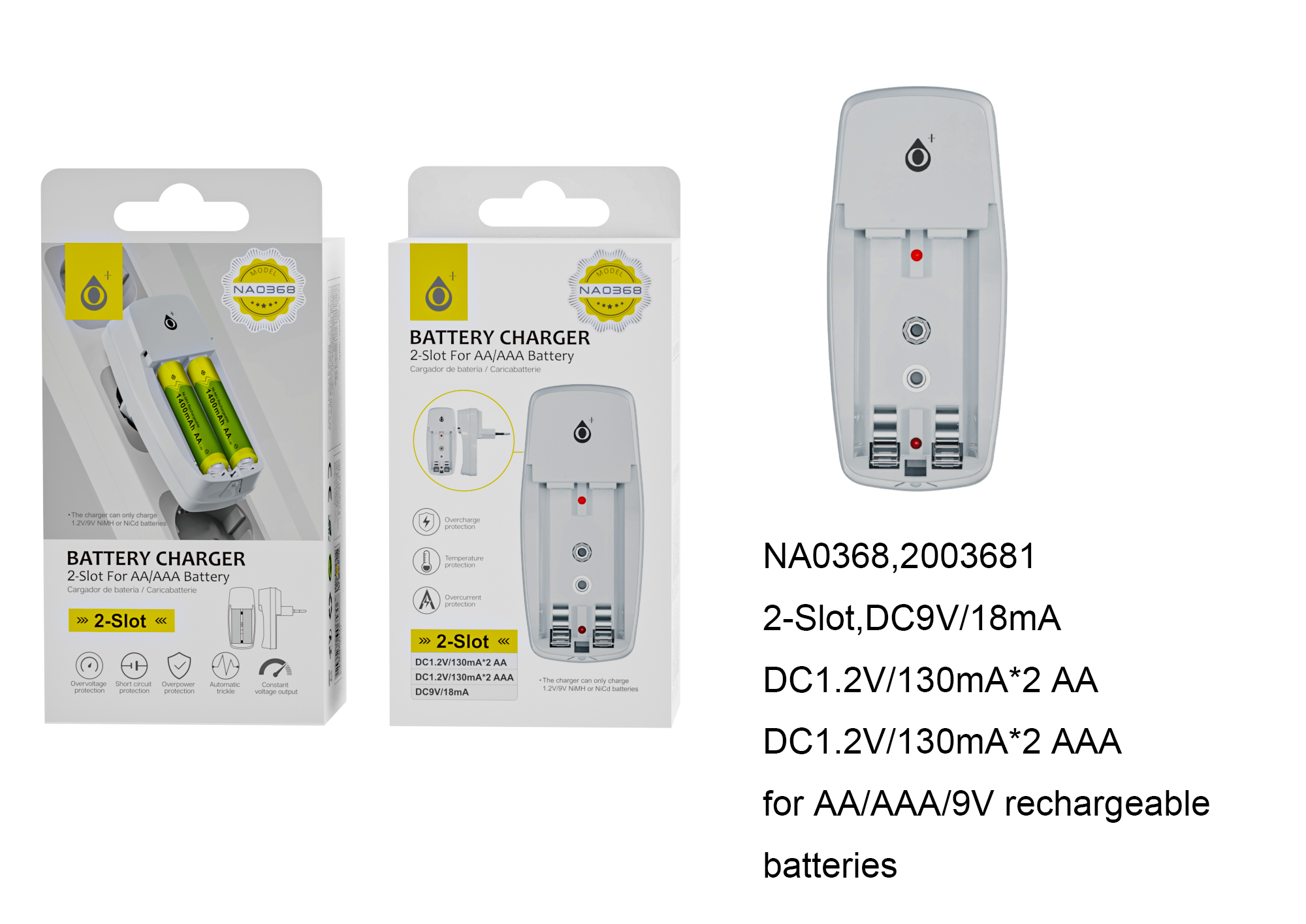 NA0368 BL Cargador Doble de Red, Bateria Recargable 9V AA/AAA, Blanco