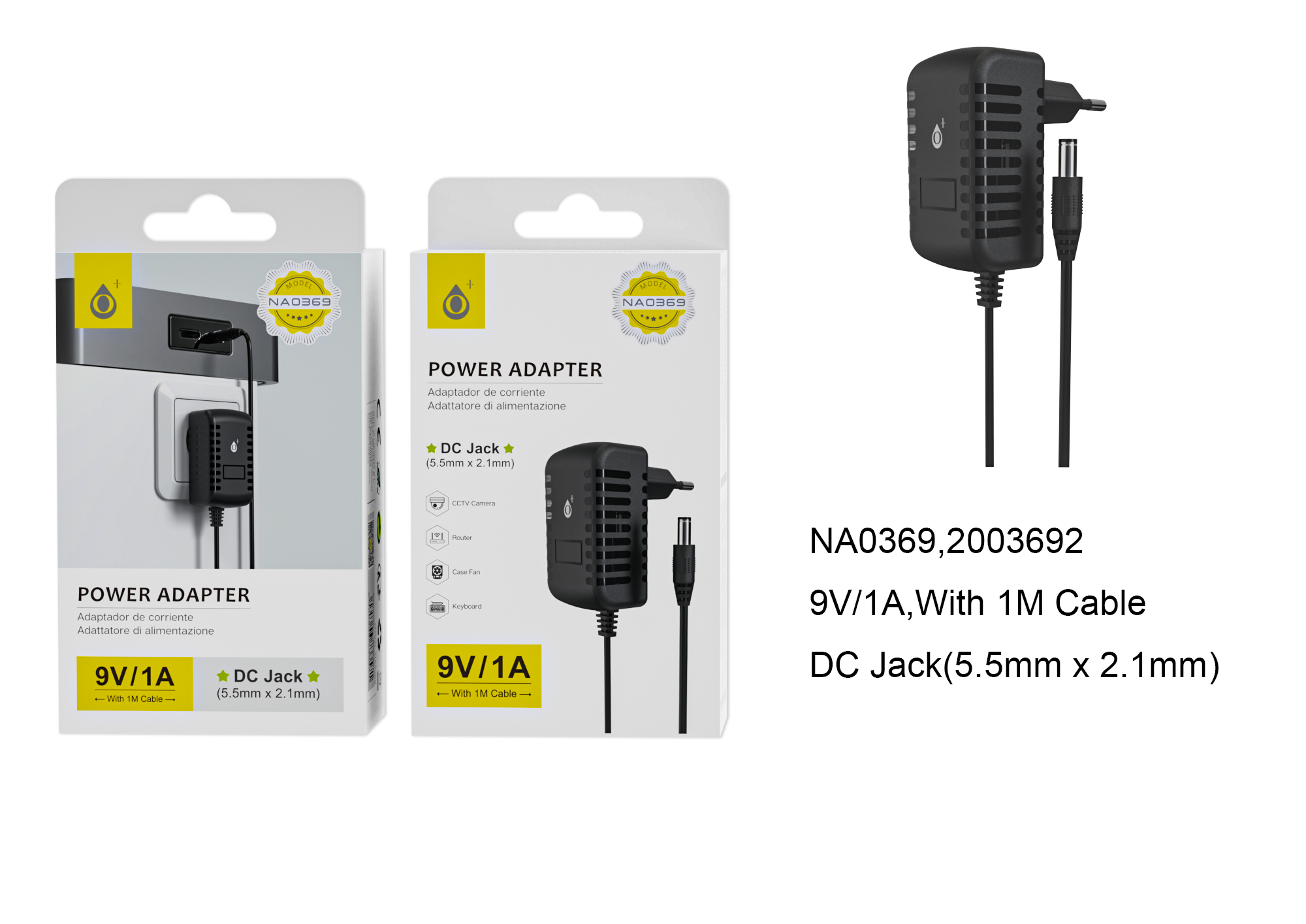 NA0369 NE Cargador Universal con Conector Jack DC 9V/1A ( 5.5mm X 2.1mm) 1M, Negro