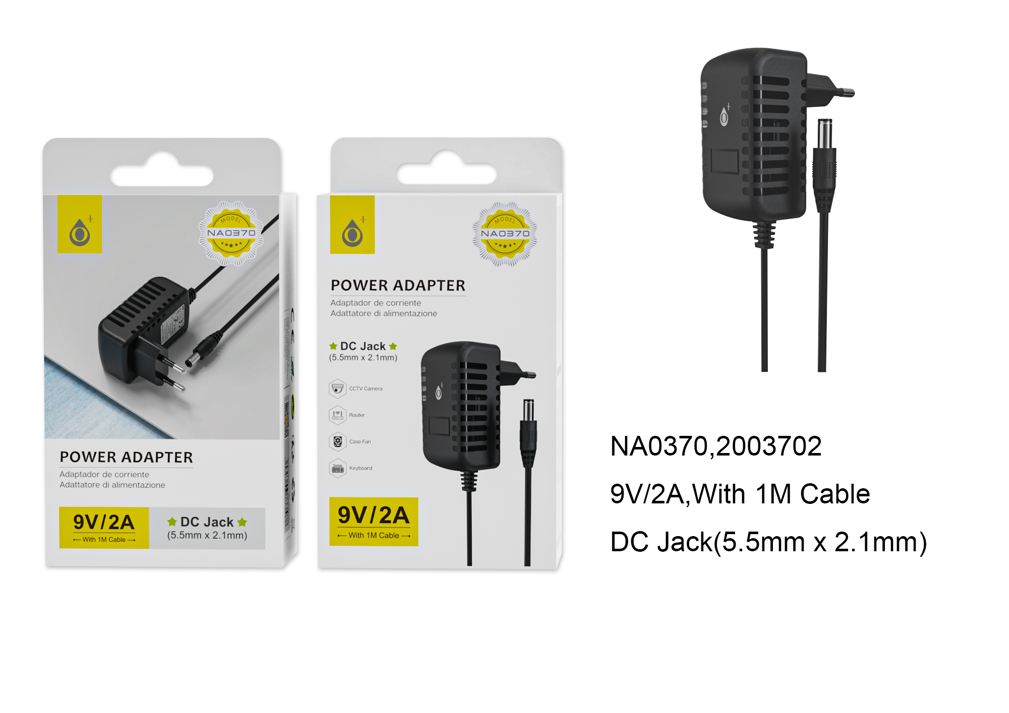 NA0370 NE Cargador Universal con Conector Jack DC 9V/2A ( 5.5mm X 2.1mm) 1M, Negro