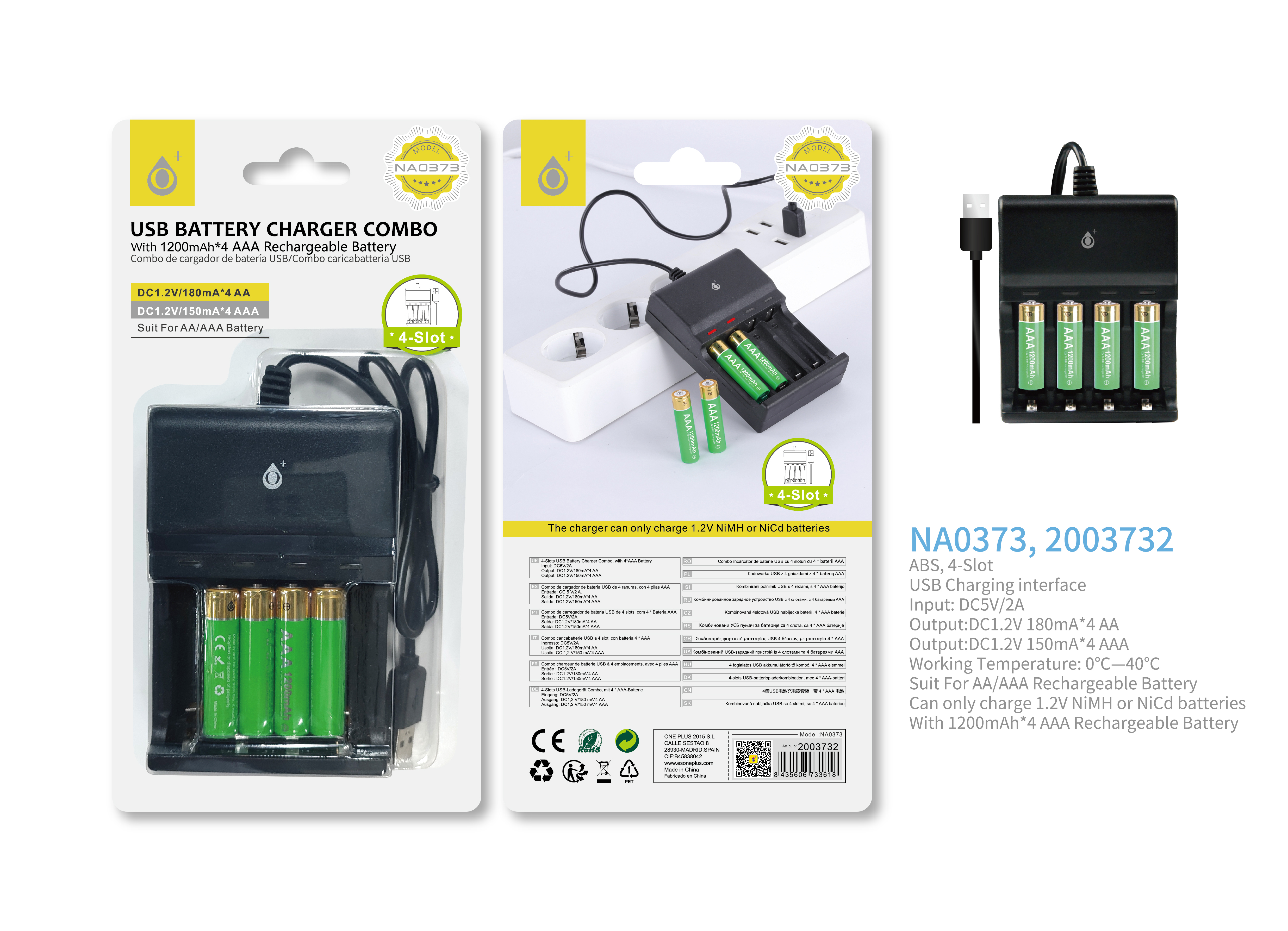 NA0373 Cargador USB de Pilas Ni-MH o NiCd (AA/AAA 1.2V), Incluye 4 Pilas Recargable AAA 1200mAh Ni-M