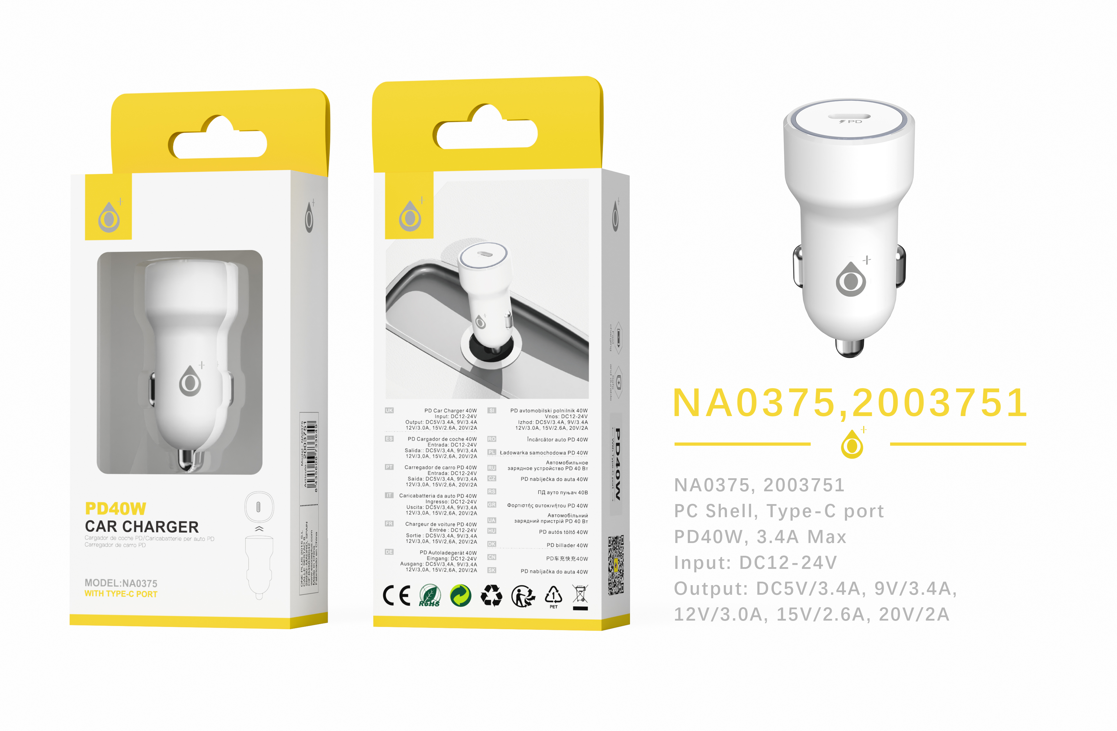 NA0375 BL Cargador de Mechero BORIS con carga Rapido, 1USB Type-C (PD), Sin Cable, 40W/3.4A Max, Blanco