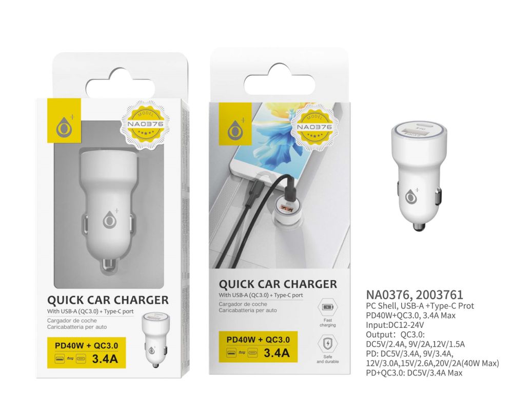 NA0376 BL Cargador de Mechero BORIS con carga Rapido, 2USB Type-C (PD)+USB-A(QC 3.0), Sin Cable, 40W/3.4A Max, Blanco