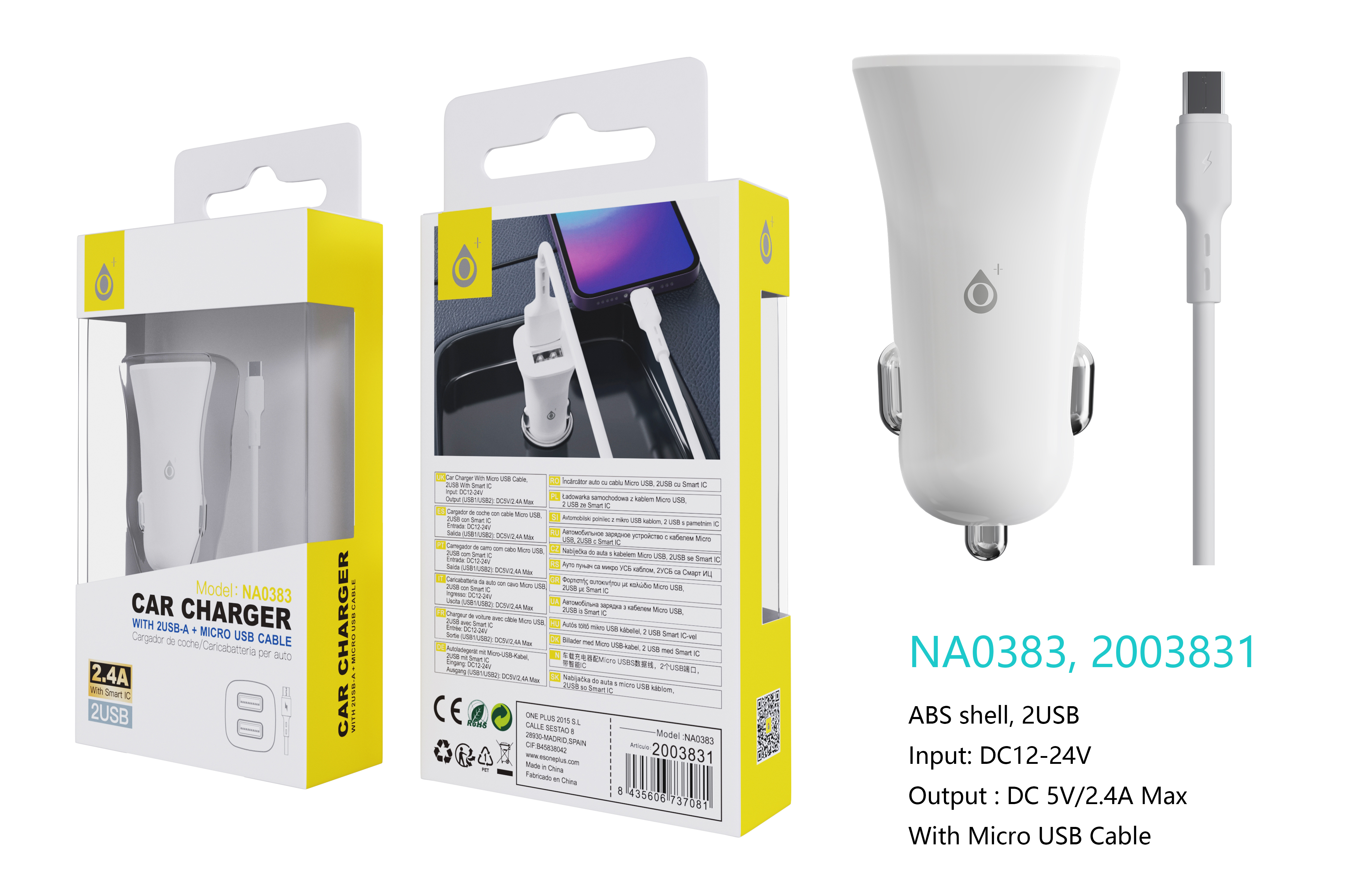 NA0383 BL Cargador de Mechero Carole Con Smart Chip, 2USB, Con cable Micro USB, 2.4A, Blanco