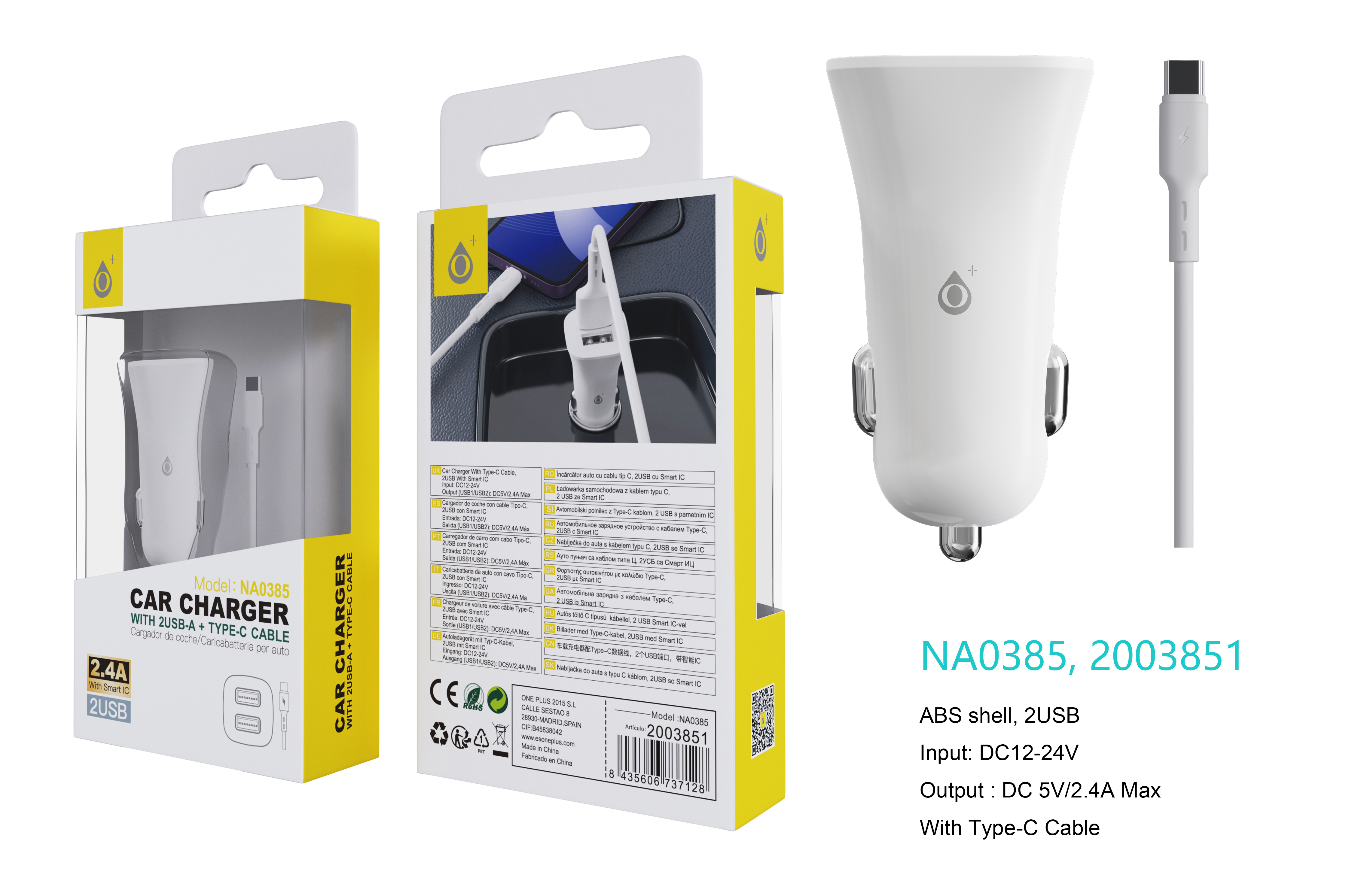 NA0385 BL Cargador de Mechero Carole Con Smart Chip, 2USB, Con cable Type-C, 2.4A, Blanco