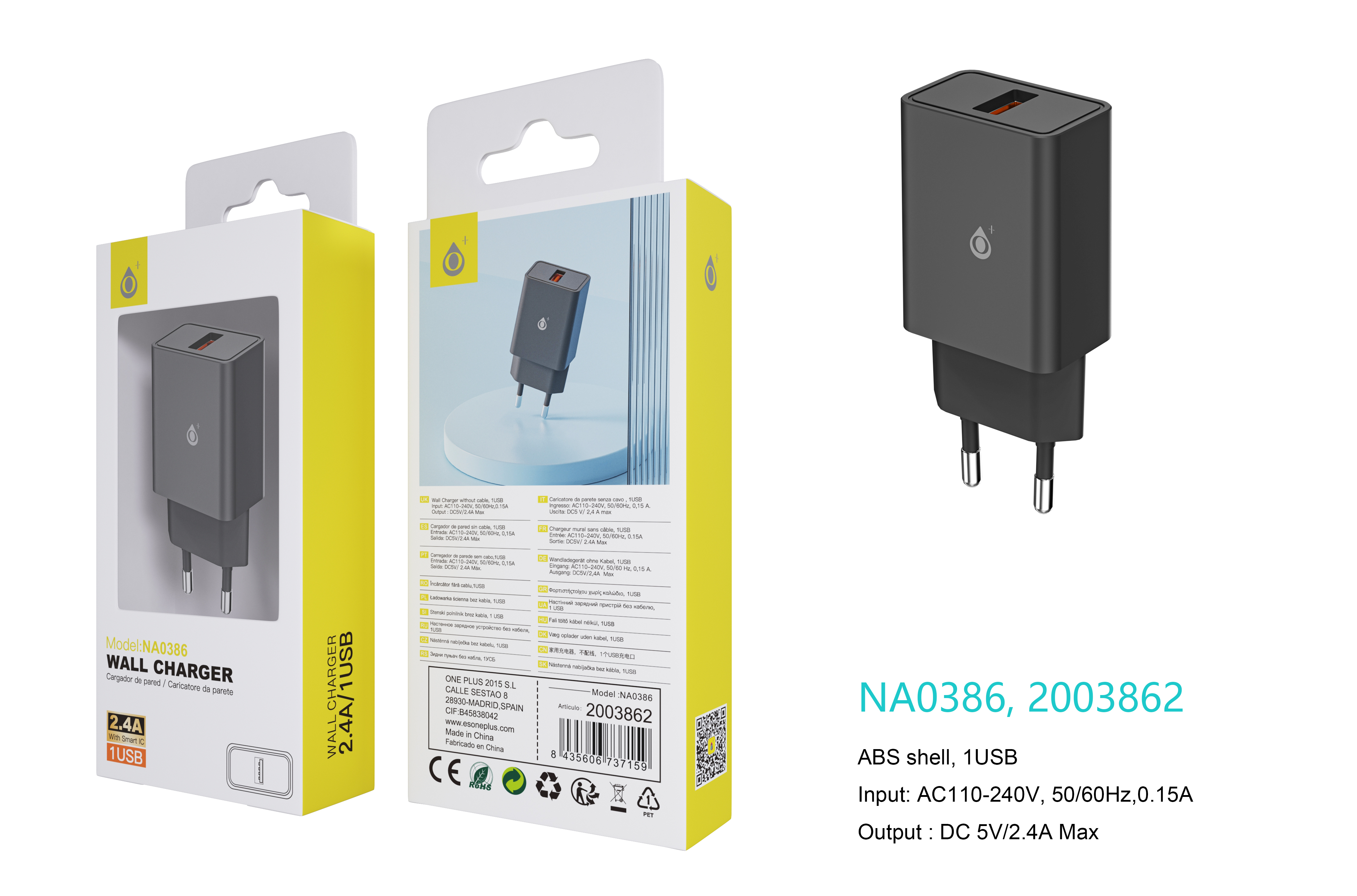 NA0386 NE Cargador de Red KAI 1 USB Con Smart Chip, Sin Cable , 2.4A, Negro