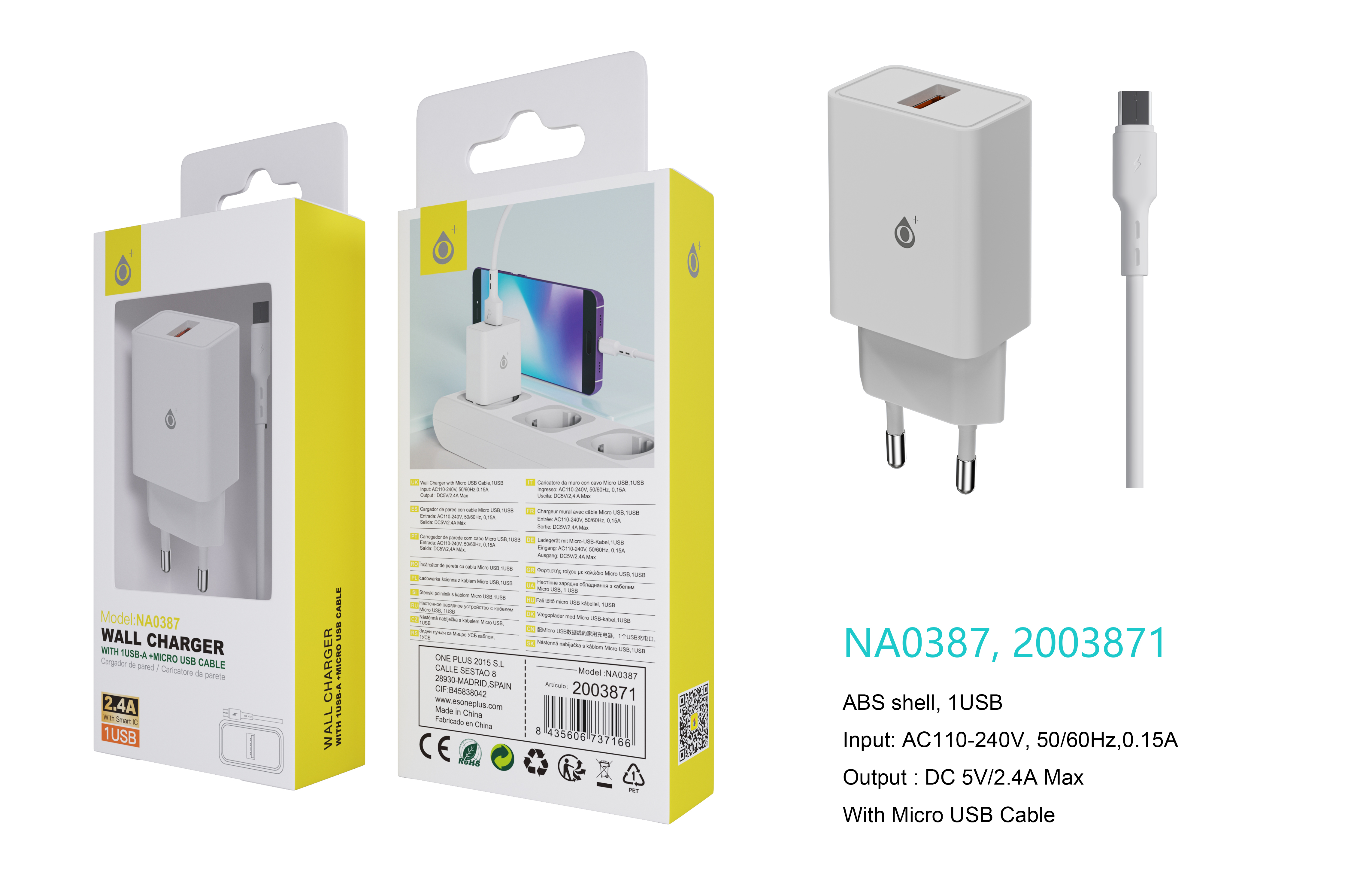 NA0387 BL Cargador de Red KAI 1 USB Con Smart Chip, Con Cable Micro USB , 2.4A, Blanco