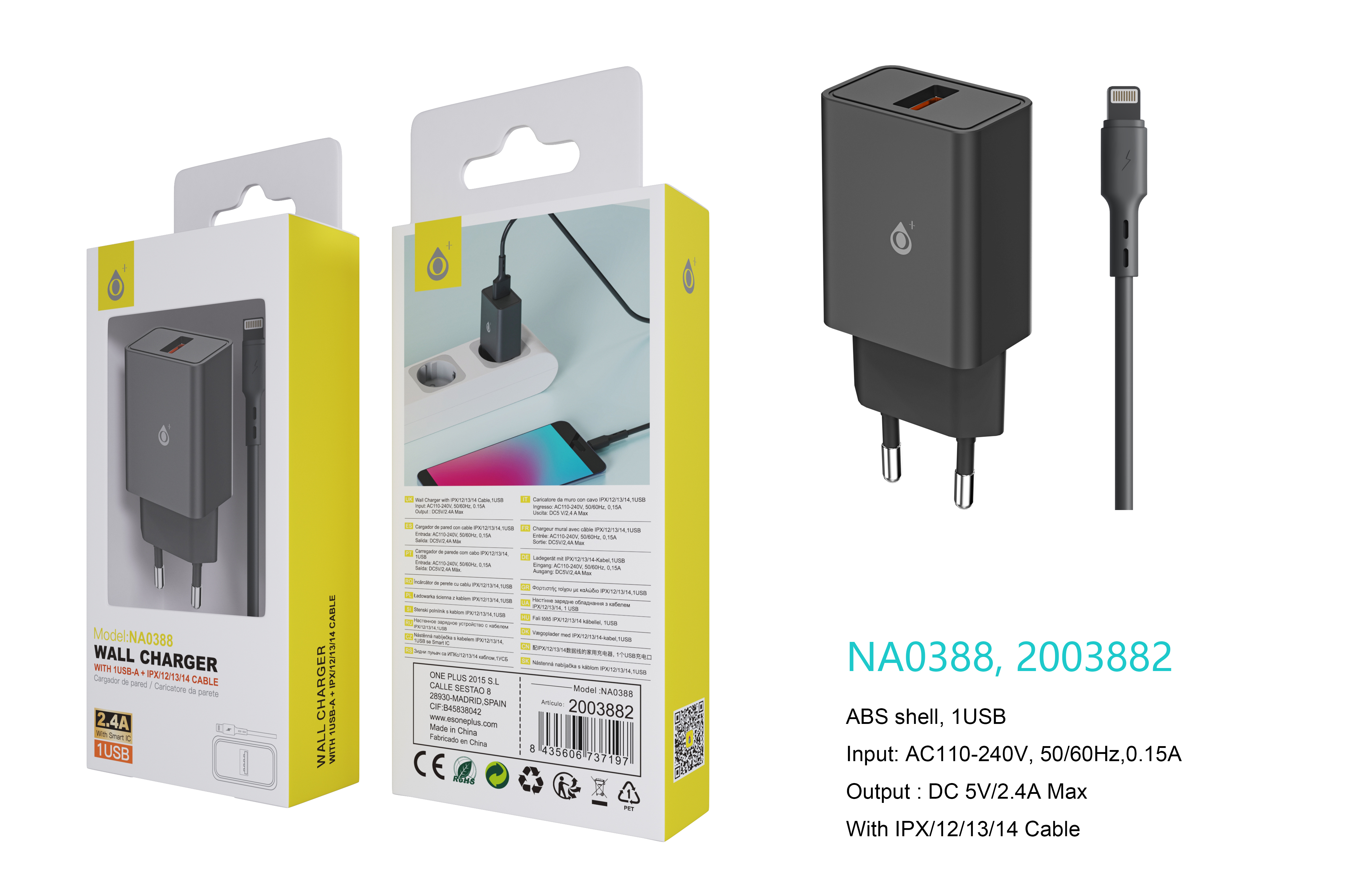 NA0388 NE Cargador de Red KAI 1 USB Con Smart Chip, Con Cable Iphone 5-14, 2.4A, Negro