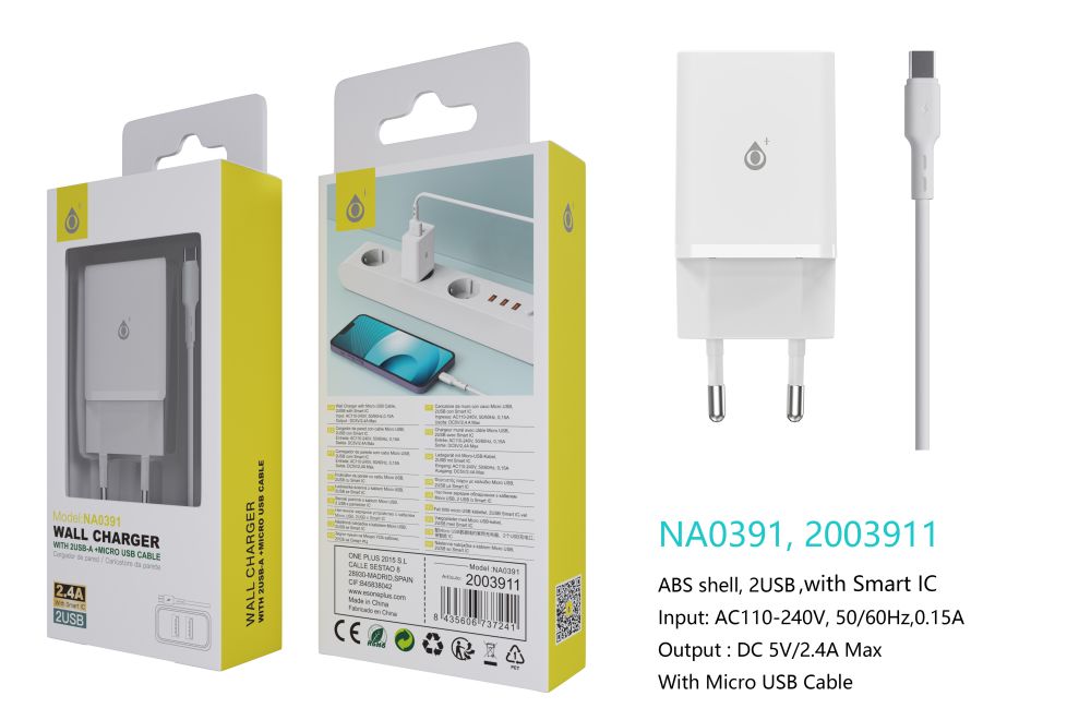 NA0391 BL Cargador de Red KAI 2 USB Con Smart Chip, Con Cable Micro USB, 2.4A, Blanco