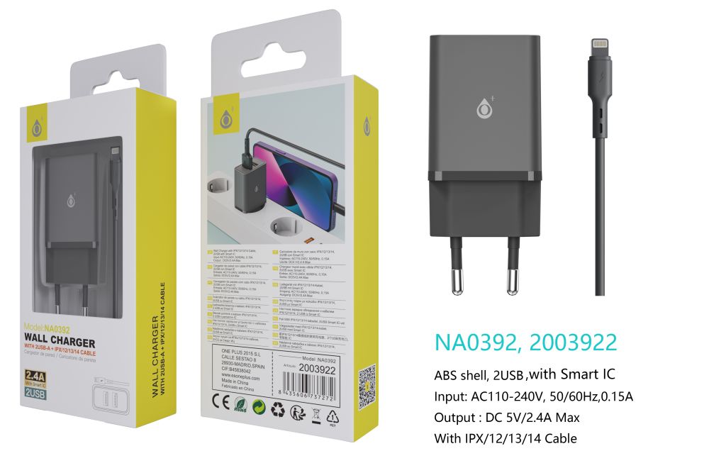 NA0392 NE Cargador de Red KAI 2 USB Con Smart Chip, Con Cable Iphone 5-14, 2.4A, Negro