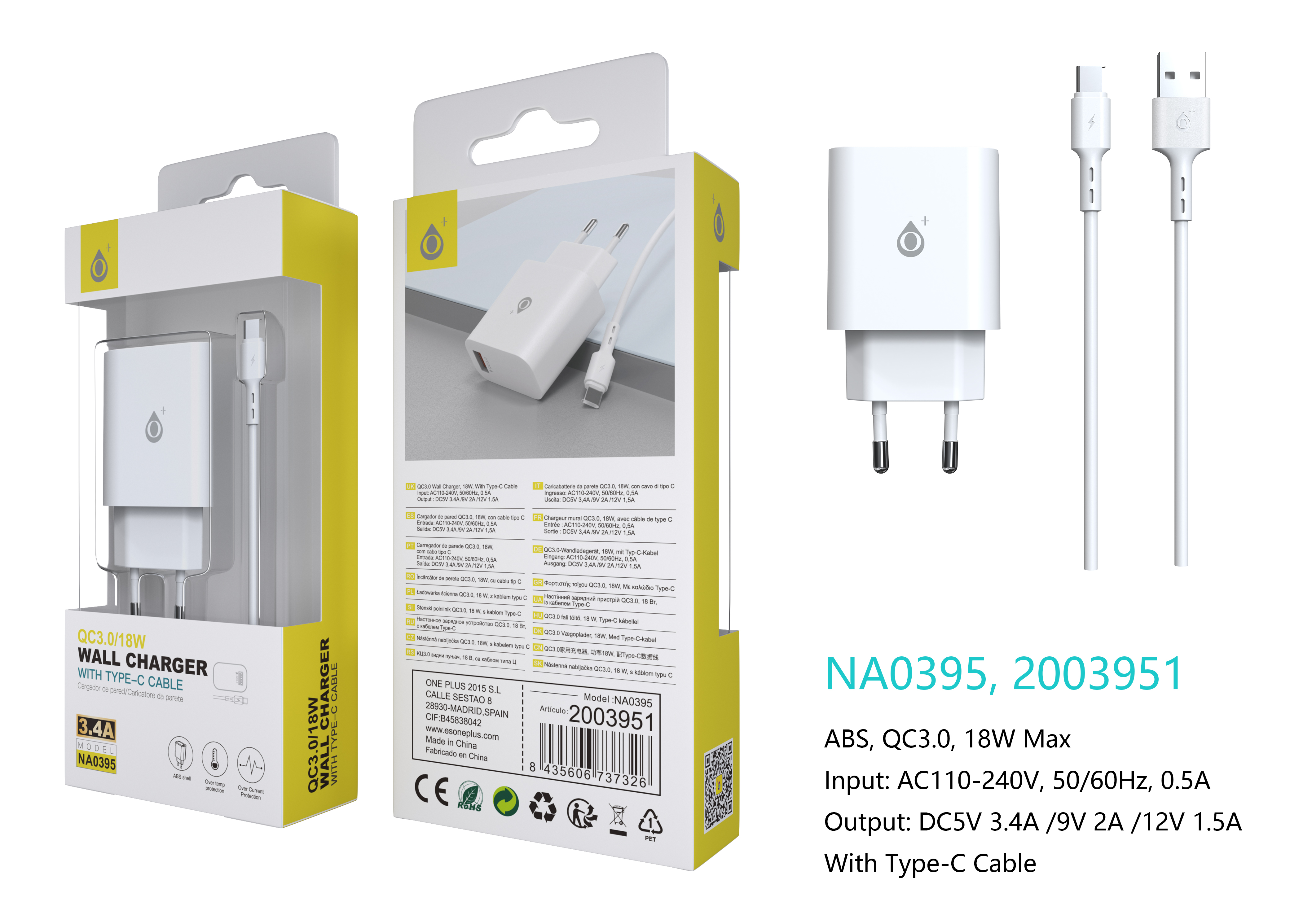 NA0395 BL Cargador Rapido de Pared Berta,  1 puerto USB-A QC 3.0, Con Cable Type-C, 18W/3.4A(Max) ,