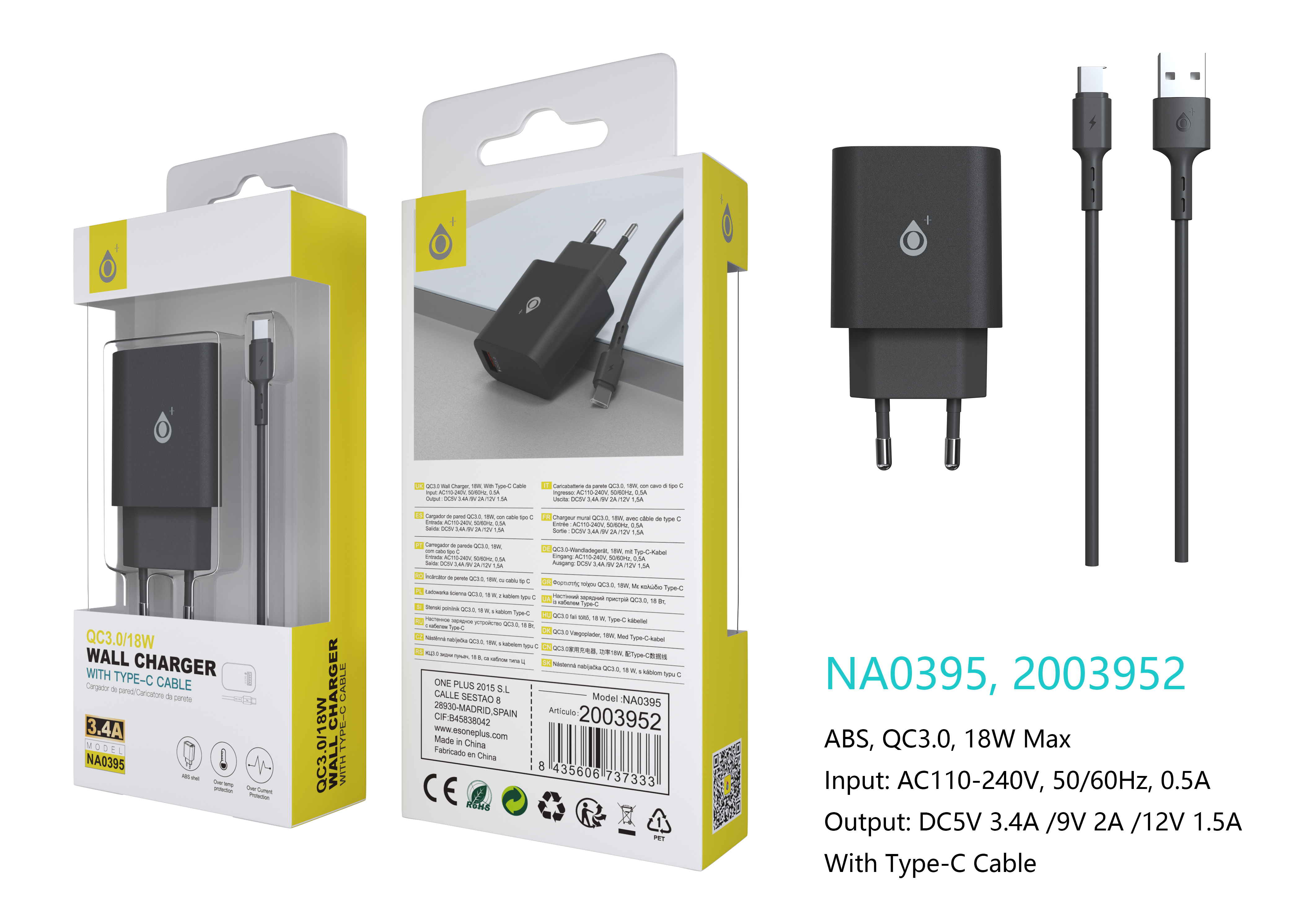 NA0395 NE Cargador Rapido de Pared Berta,  1 puerto USB-A QC 3.0, Con Cable Type-C, 18W/3.4A(Max) ,