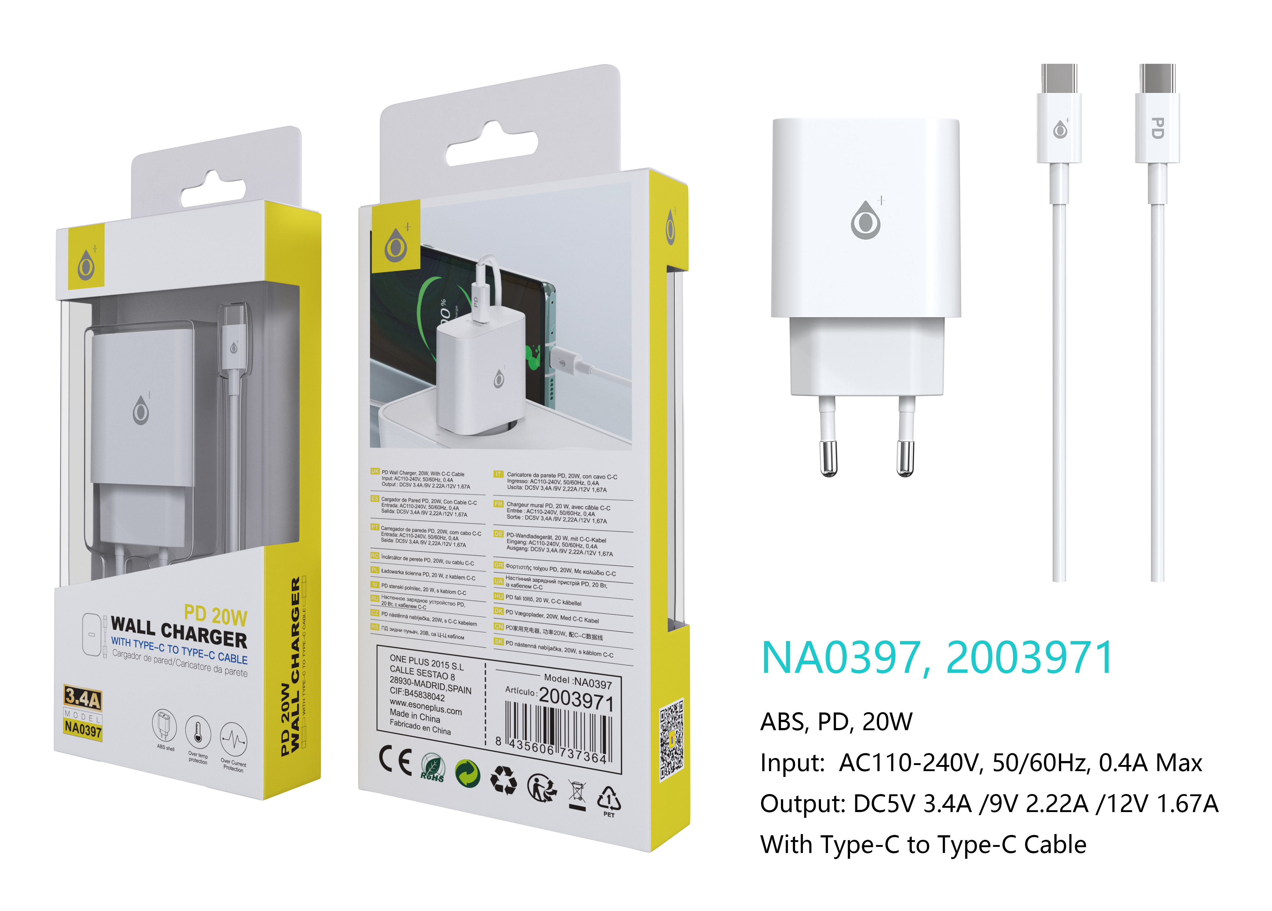 NA0397 BL Cargador de Red Rapida Berta , 1 puerto USB-C PD, con Cable Type-C a Type-C, 20W/3.4A(Max)