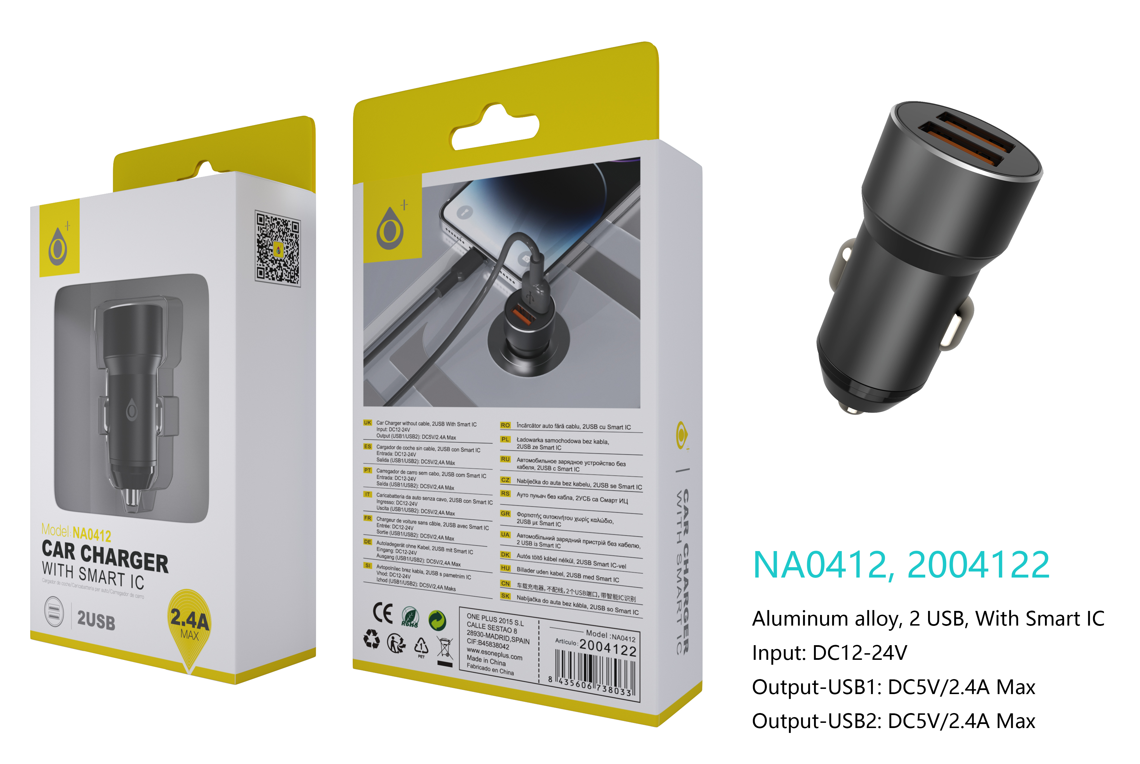 NA0412 NE Cargador Aluminio de Mechero Claude Con Smart Chip, sin cable , 2USB, 2.4A, Negro