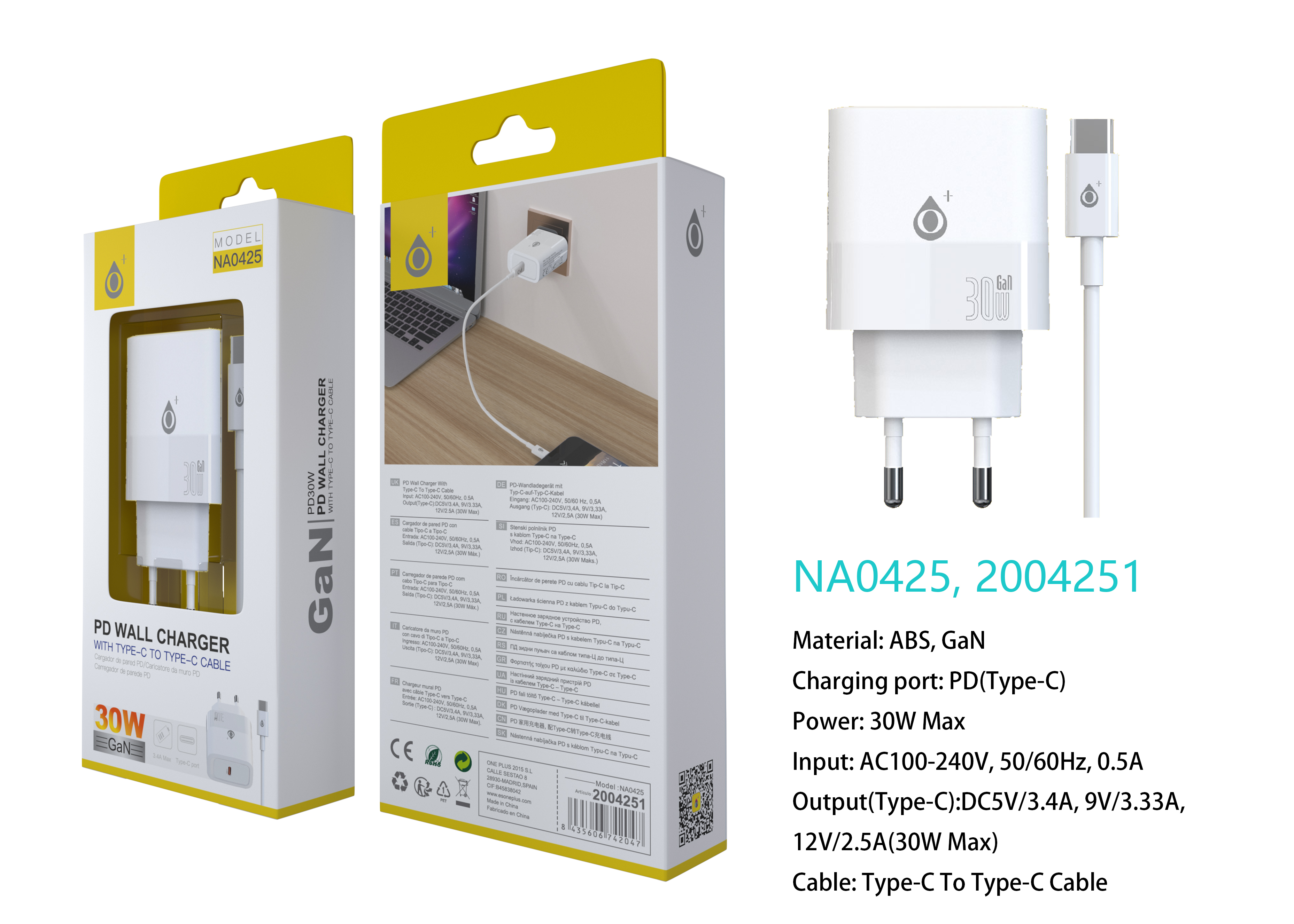 NA0425 BL Cargador GaN de Red Rapida Fort, 1 puerto USB-C PD, Con Cable Type-C a Type-C, 30W/12V/2.5